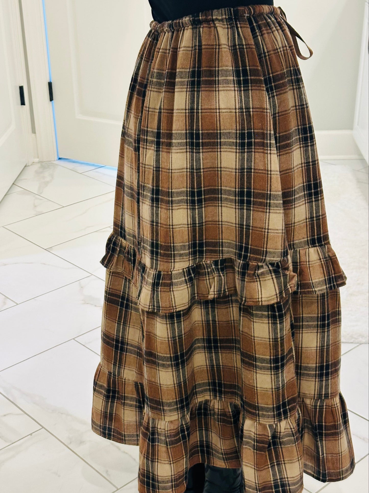 The Raine Mocha Plaid Ruffle Tiered Midi Skirt