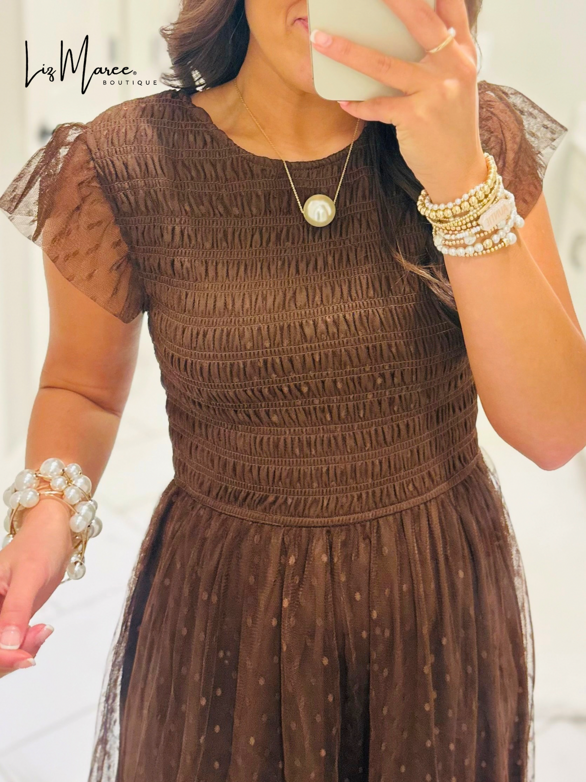 The Autumn Brown Polka Dot Chiffon Midi Dress