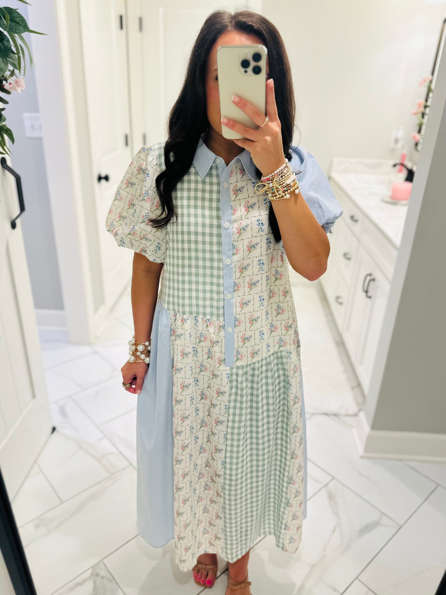 The Mae Blue + Mint Patchwork Midi Dress