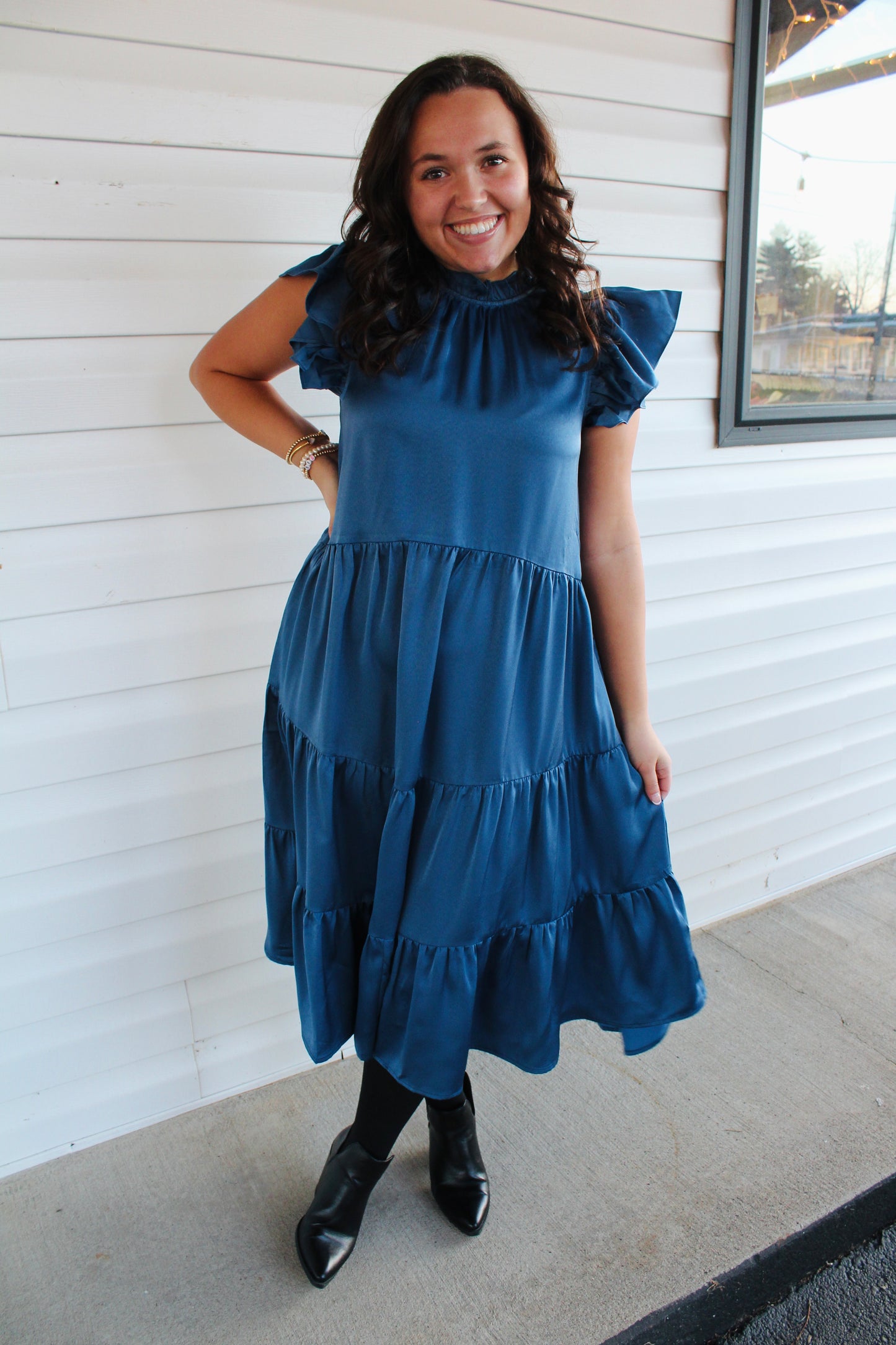 Vintage Blue Tiered Swing Midi Dress