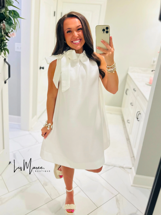 The Elizabeth White Tie Neck Shift Dress