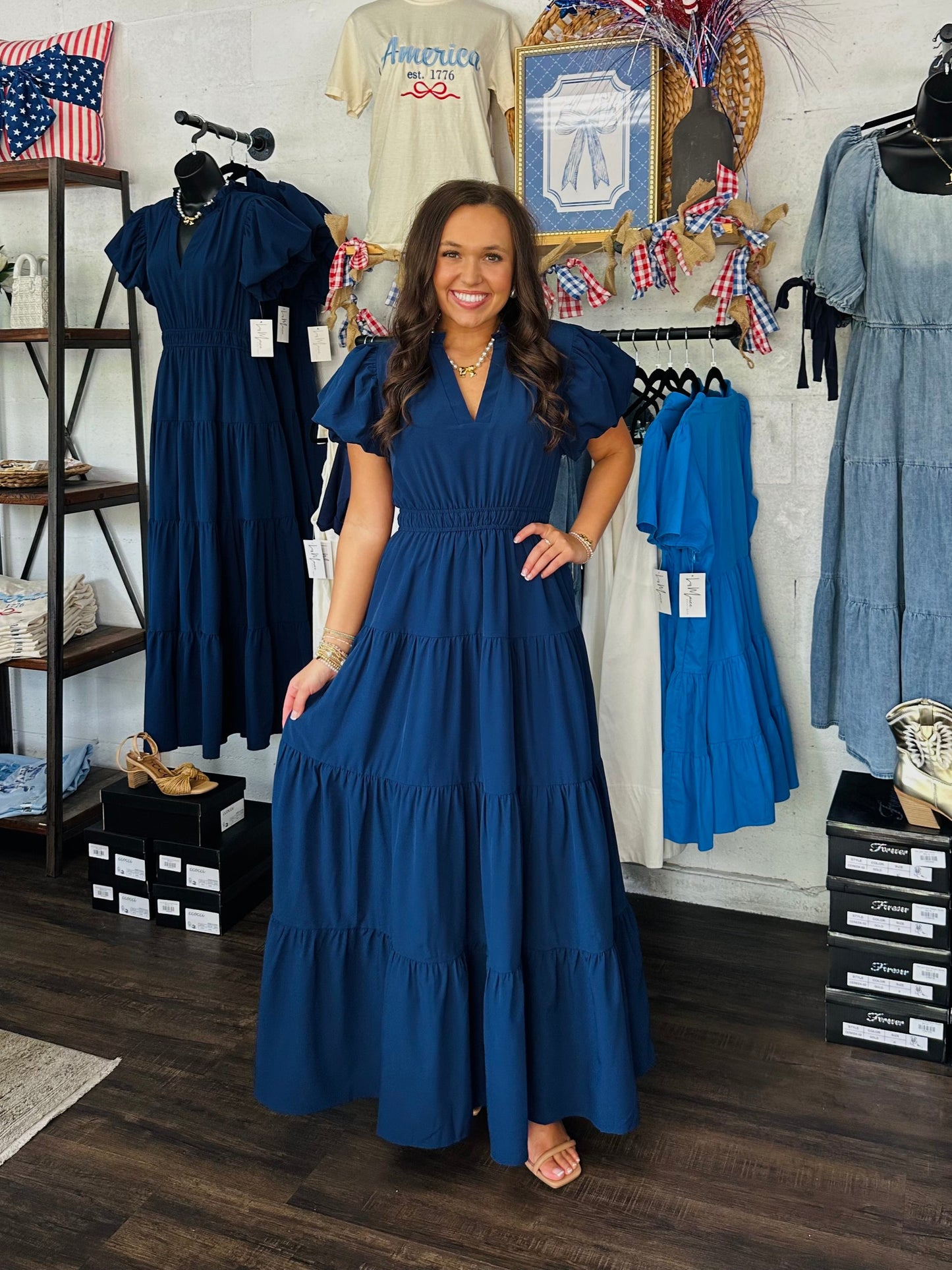 The Elizabeth Navy Puff Sleeve Midi Dress