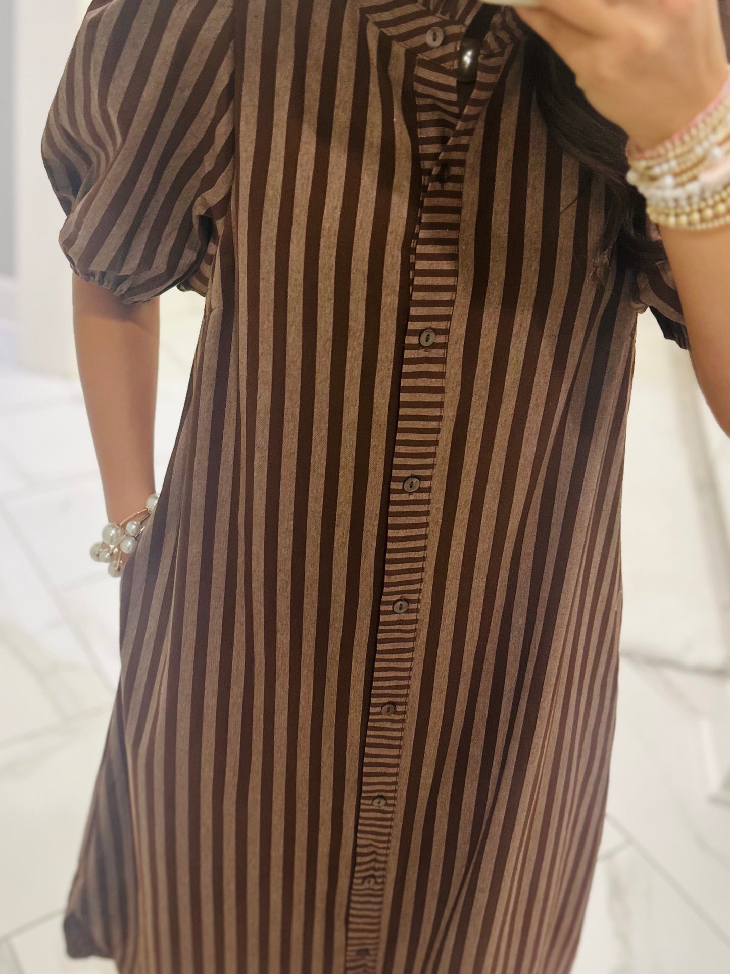 The Quinn Brown Striped Midi Dress