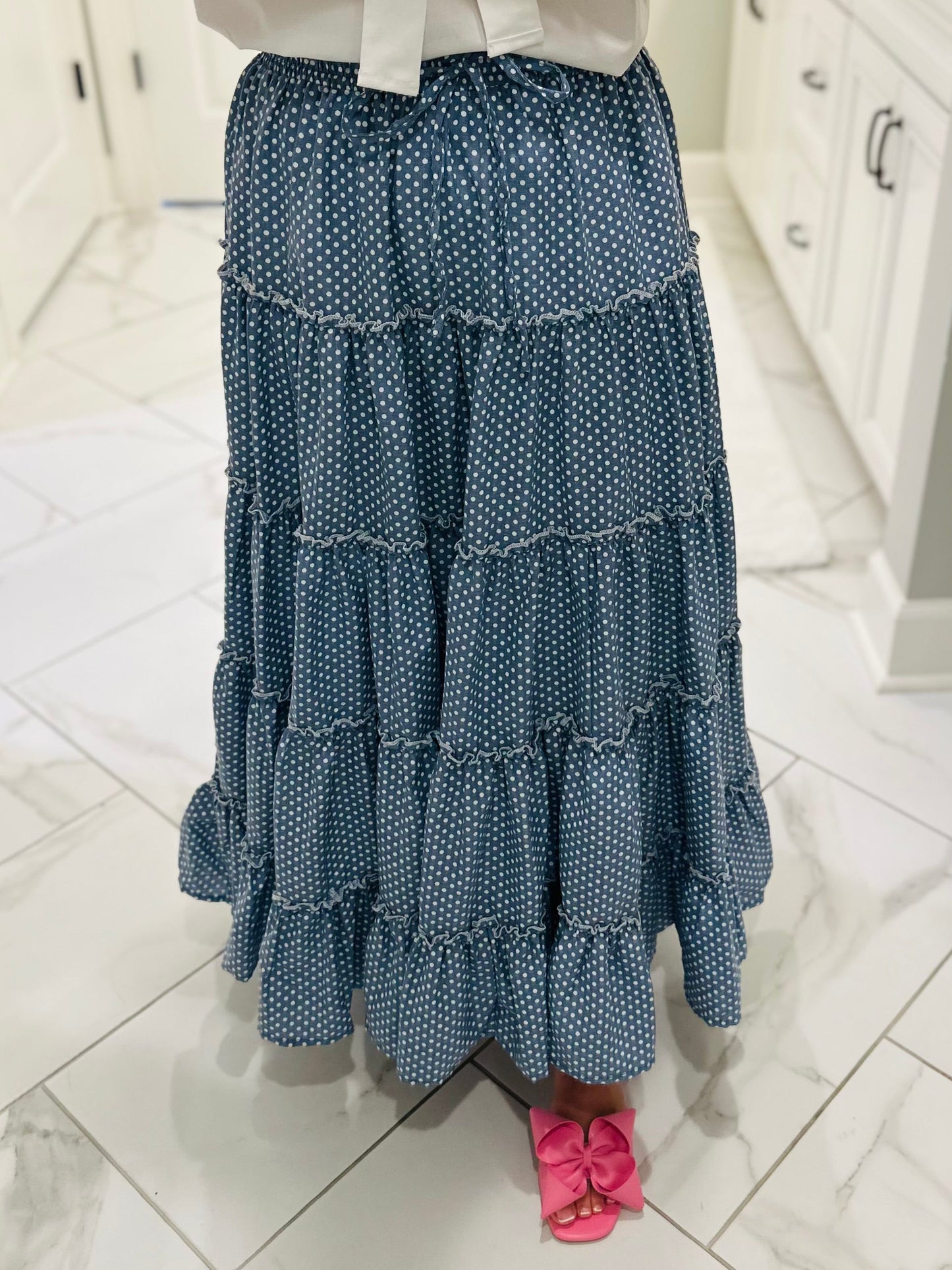 The Shelby Denim Polka Dot Maxi Skirt