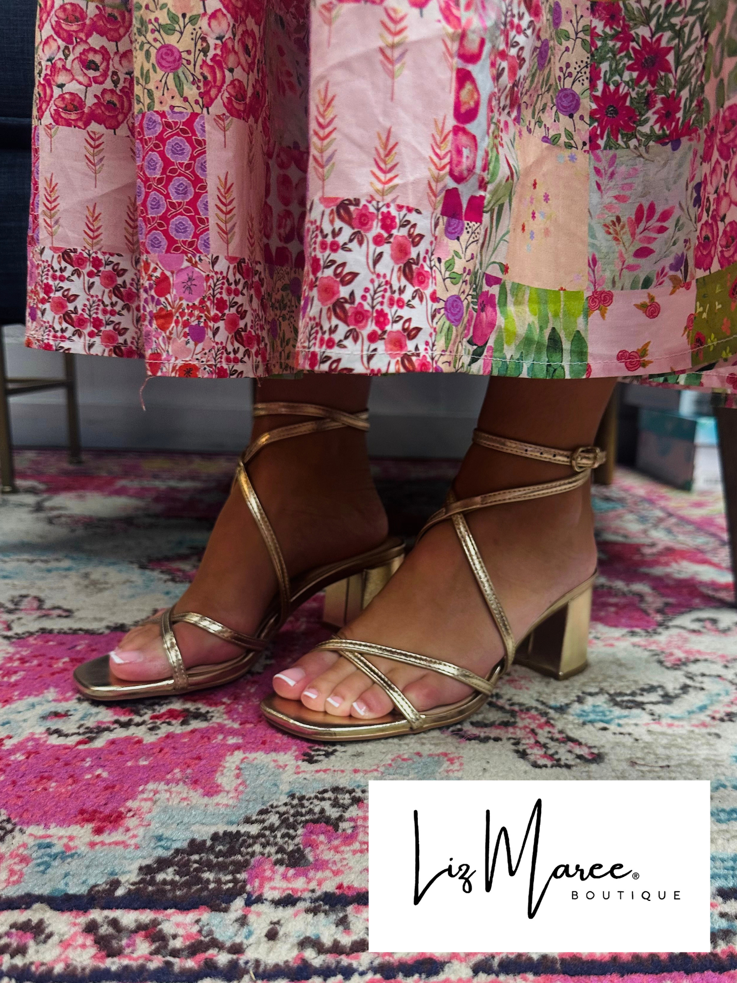 The Sansana Gold Square Toe Block Heel