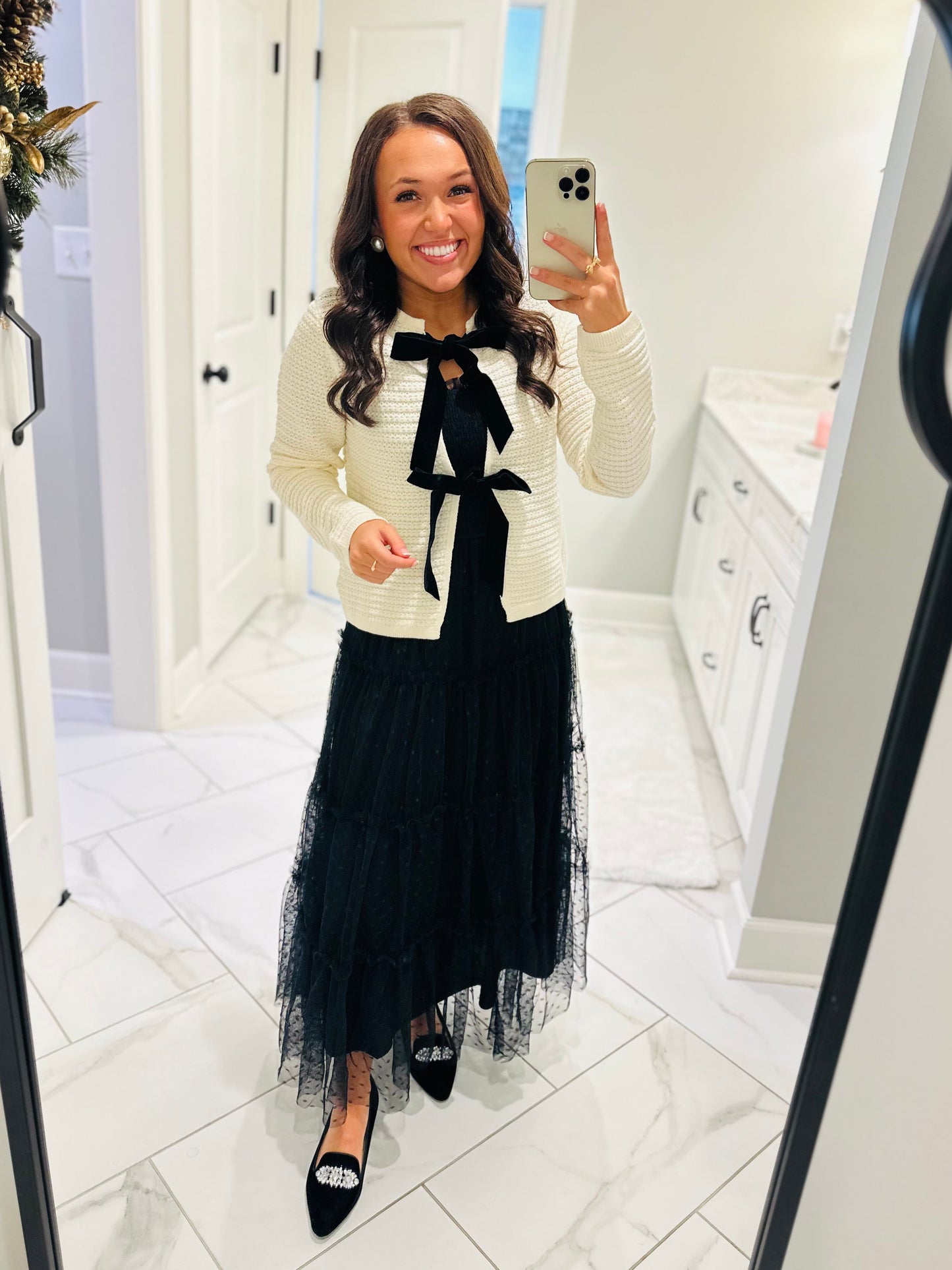 The Noelle Black Polka Dot Chiffon Smocked Midi Dress