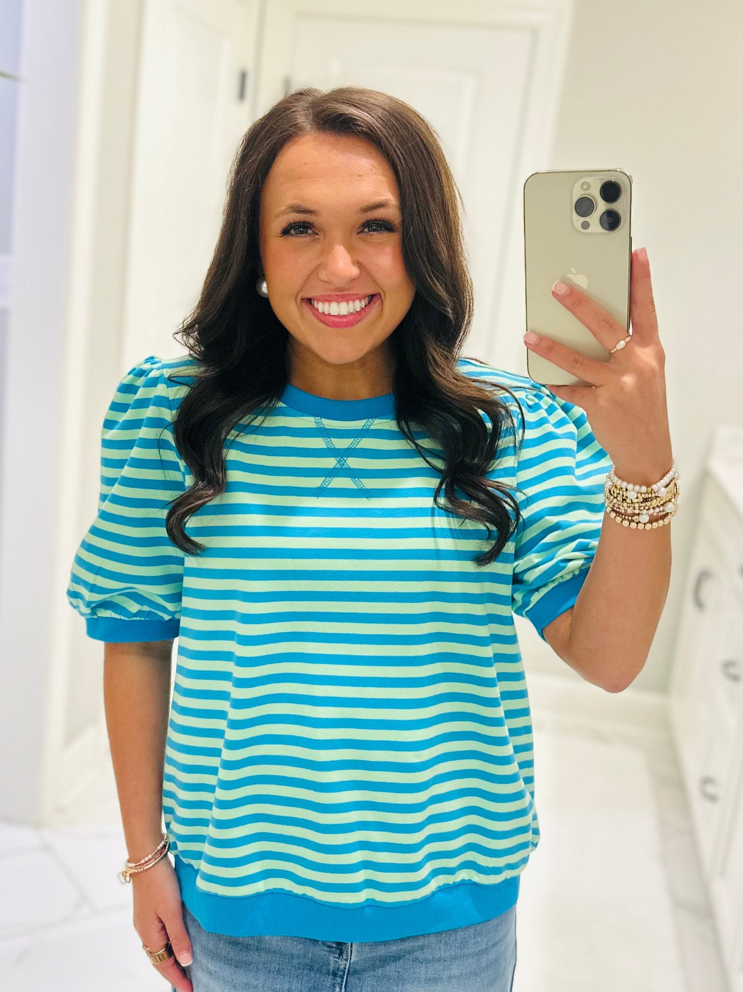 The Summer Blue + Lime Green Striped Puff Sleeve Top