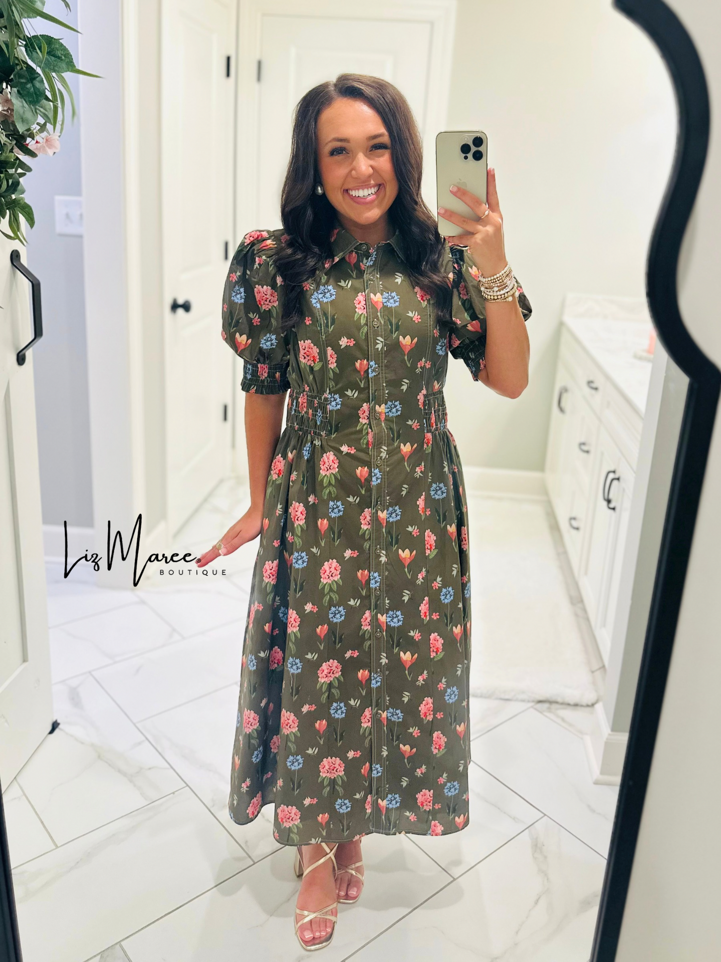 The Annie Olive Green Floral Midi Dress