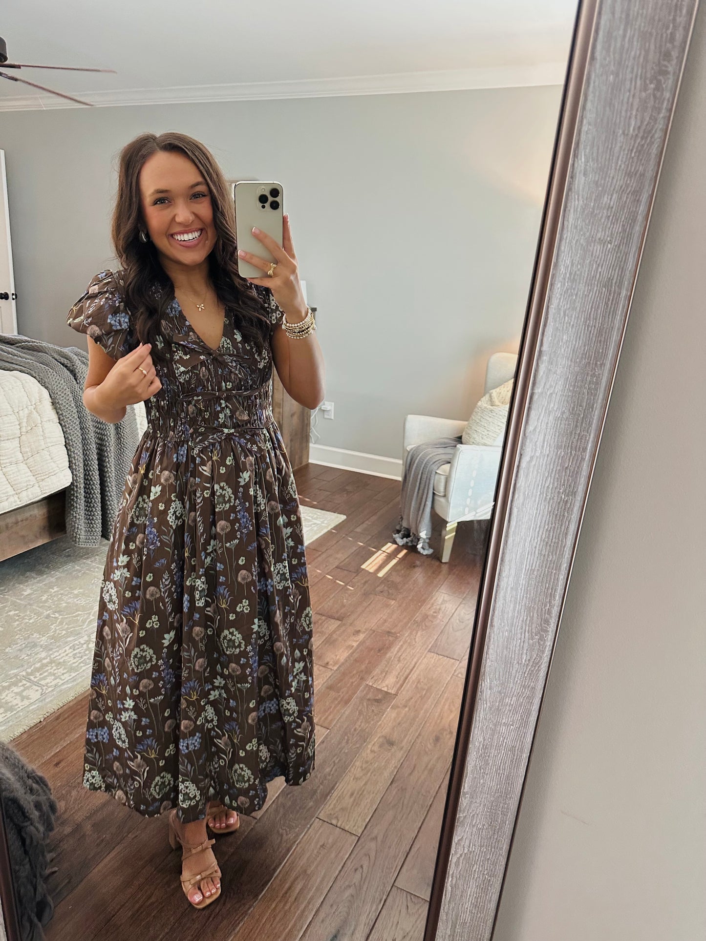 The Stella Brown Floral Bow Front Midi Dress