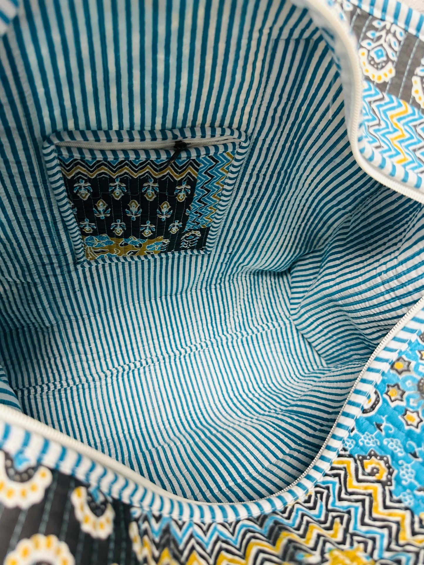 The Blue + Black Multi Pattern Quilted Tote Bag