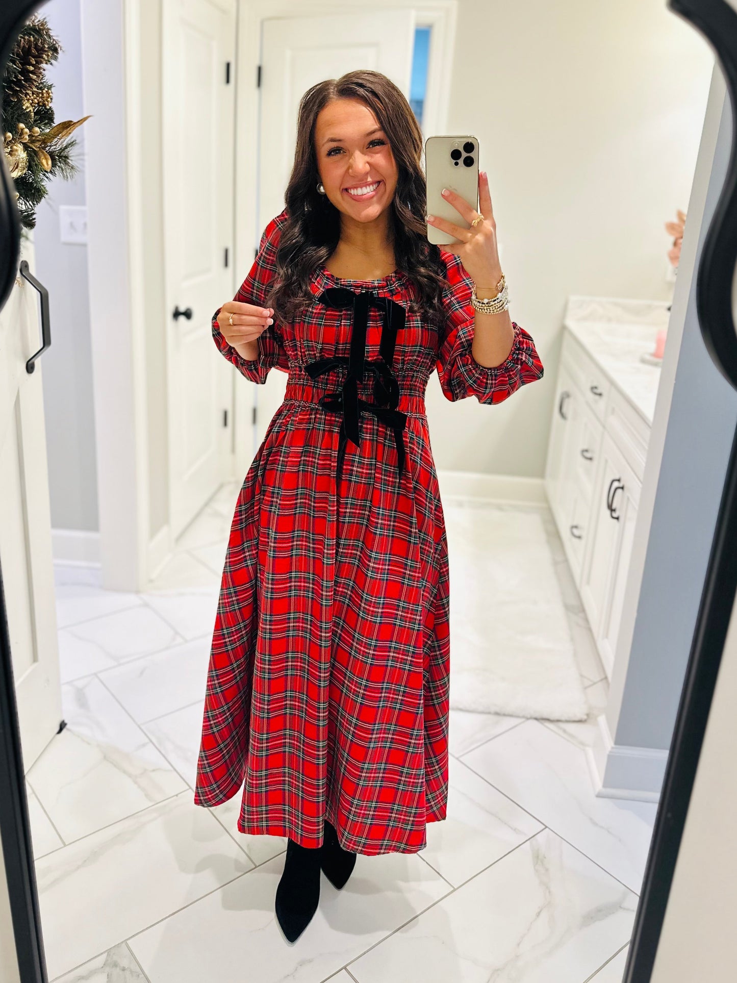 The Eve Red Holiday Plaid Bow Midi Dress