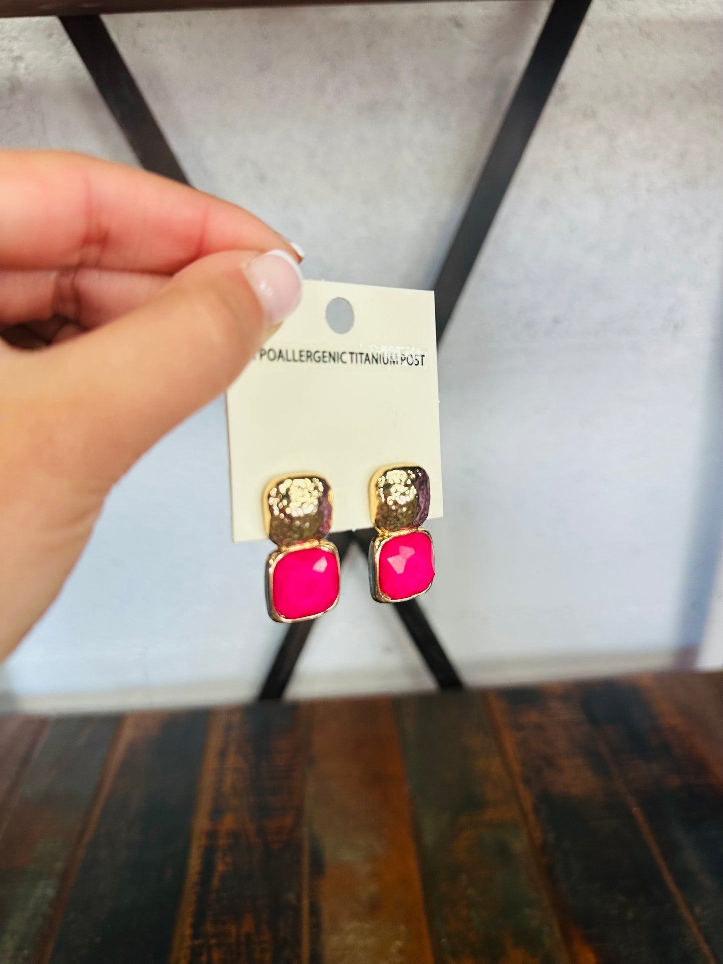 Fuchsia Square Stone Earring
