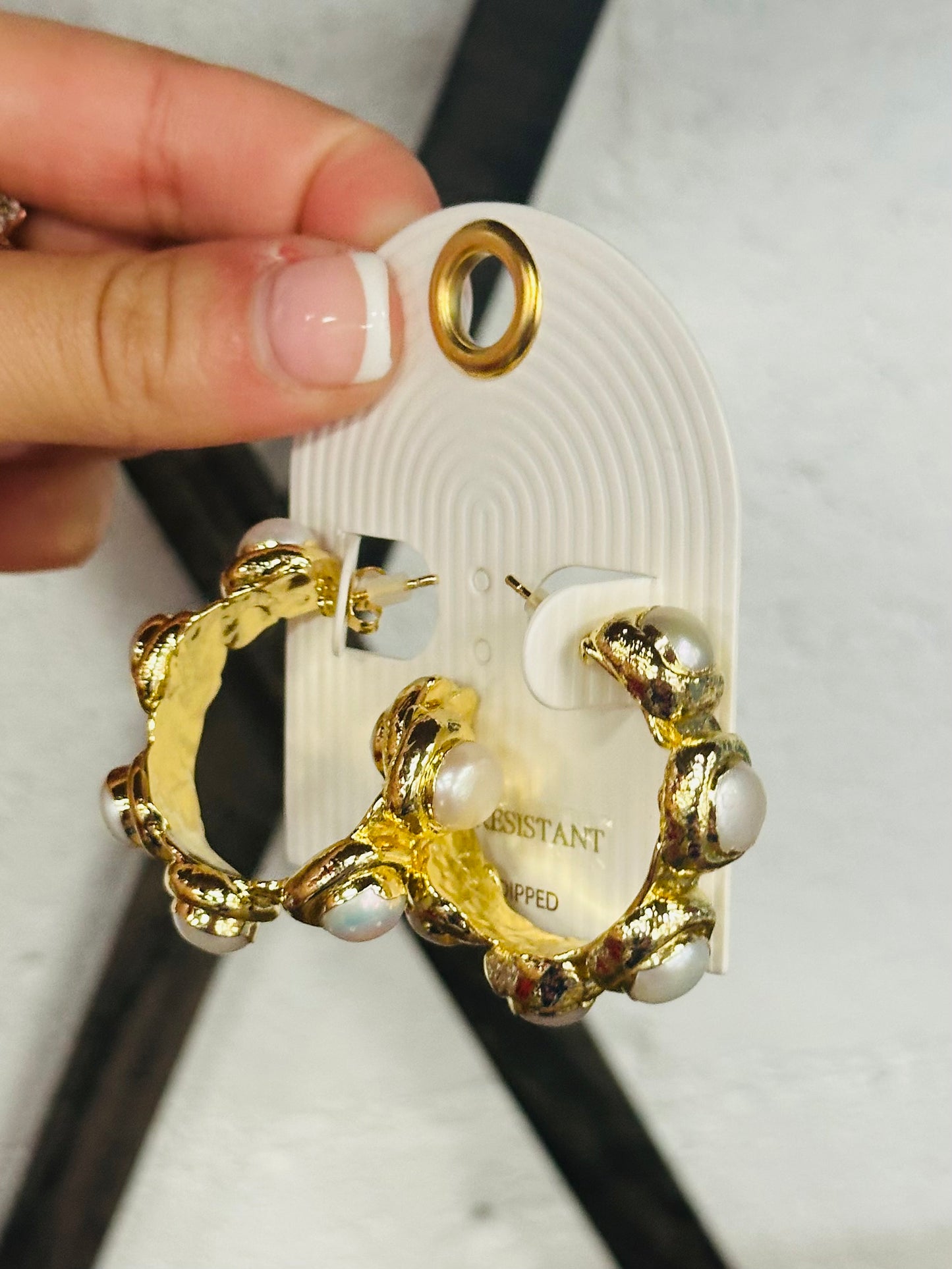 18K Gold Dipped Cream + Gold Pearl Station Hoops