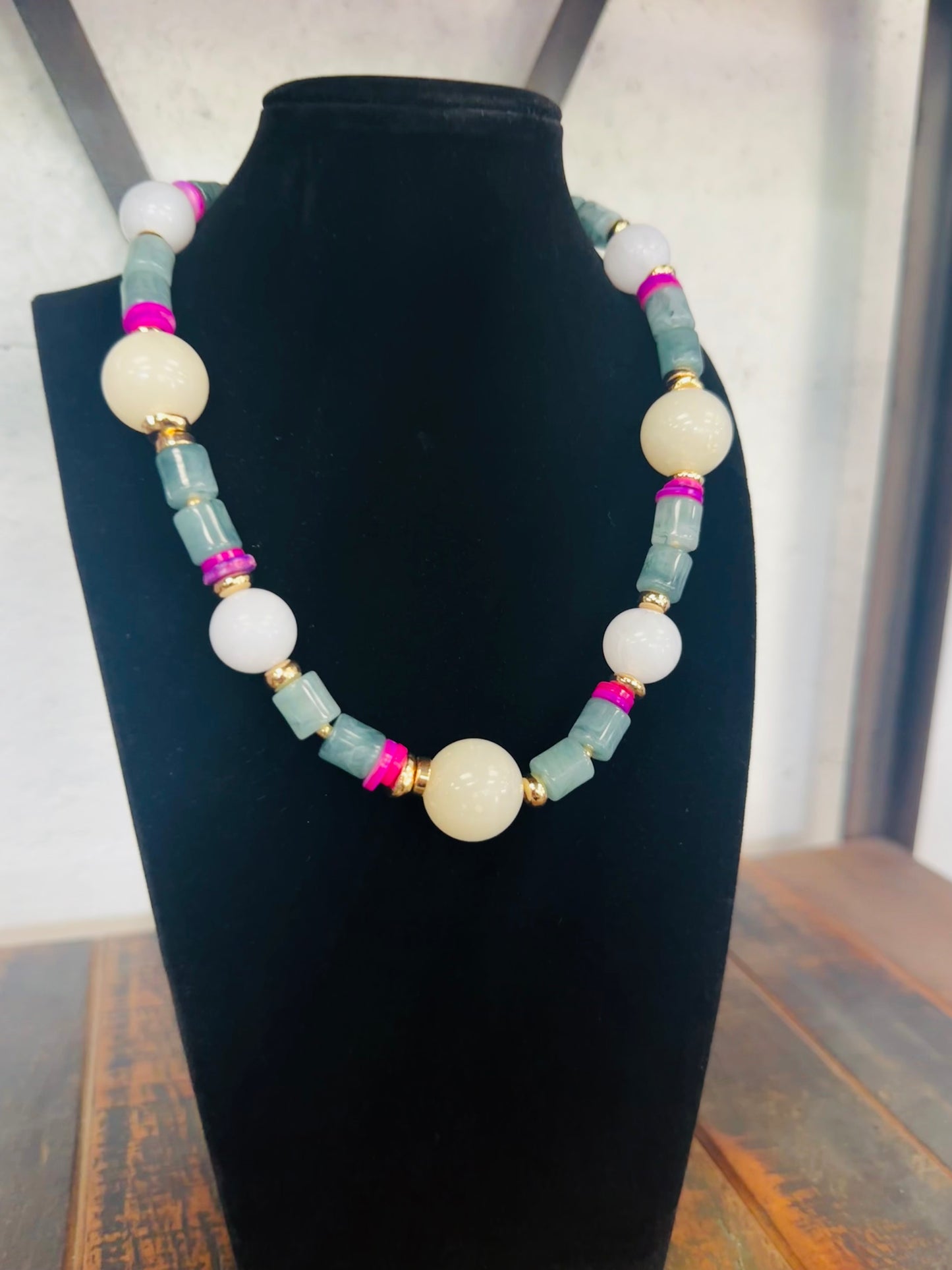 White Stone Ball Mixed Beaded Necklace