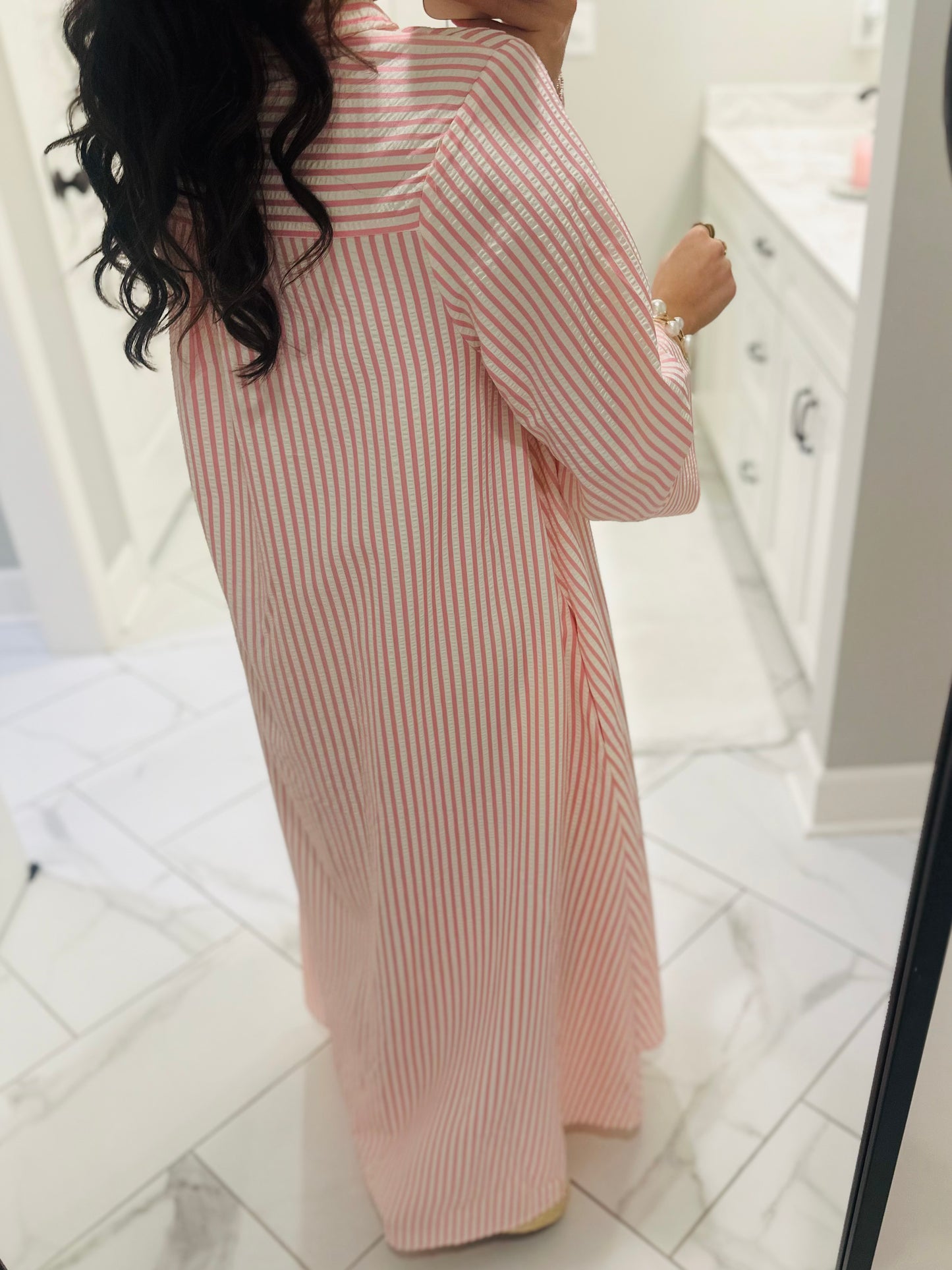 The Nora Pink Striped Midi Dress