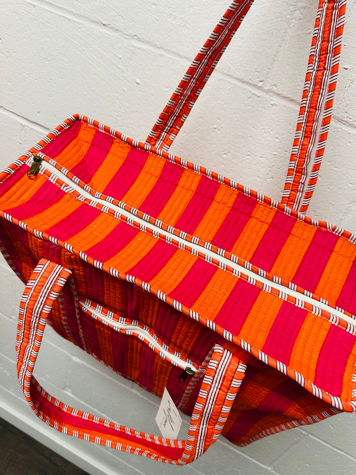 The Pink + Orange Striped Quilted Tote Bag