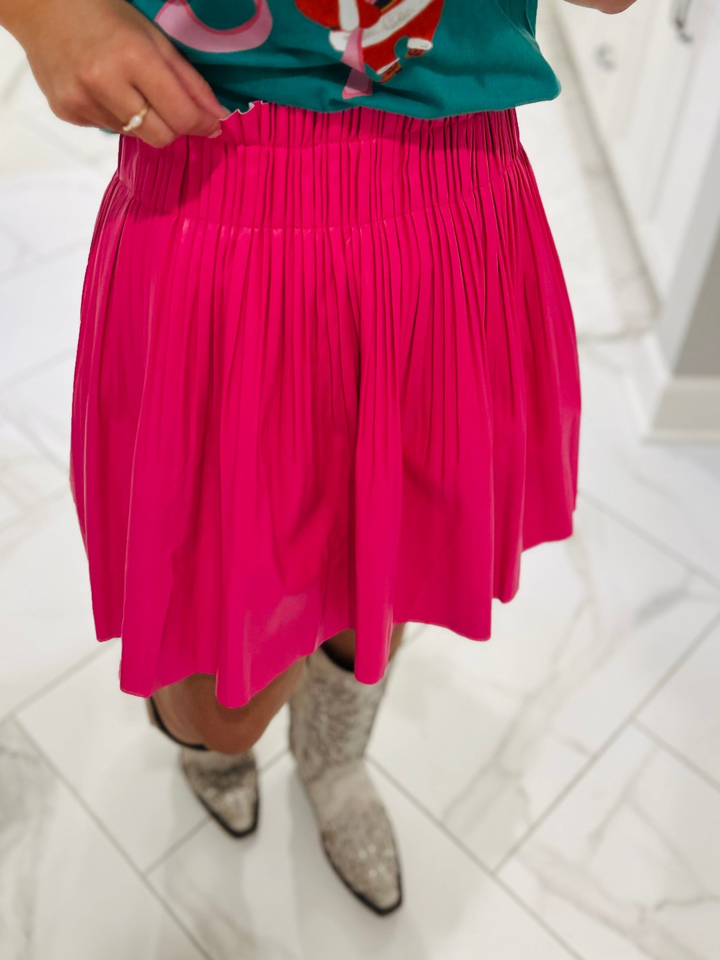 The Annie Hot Pink Leather Pleated Skirt