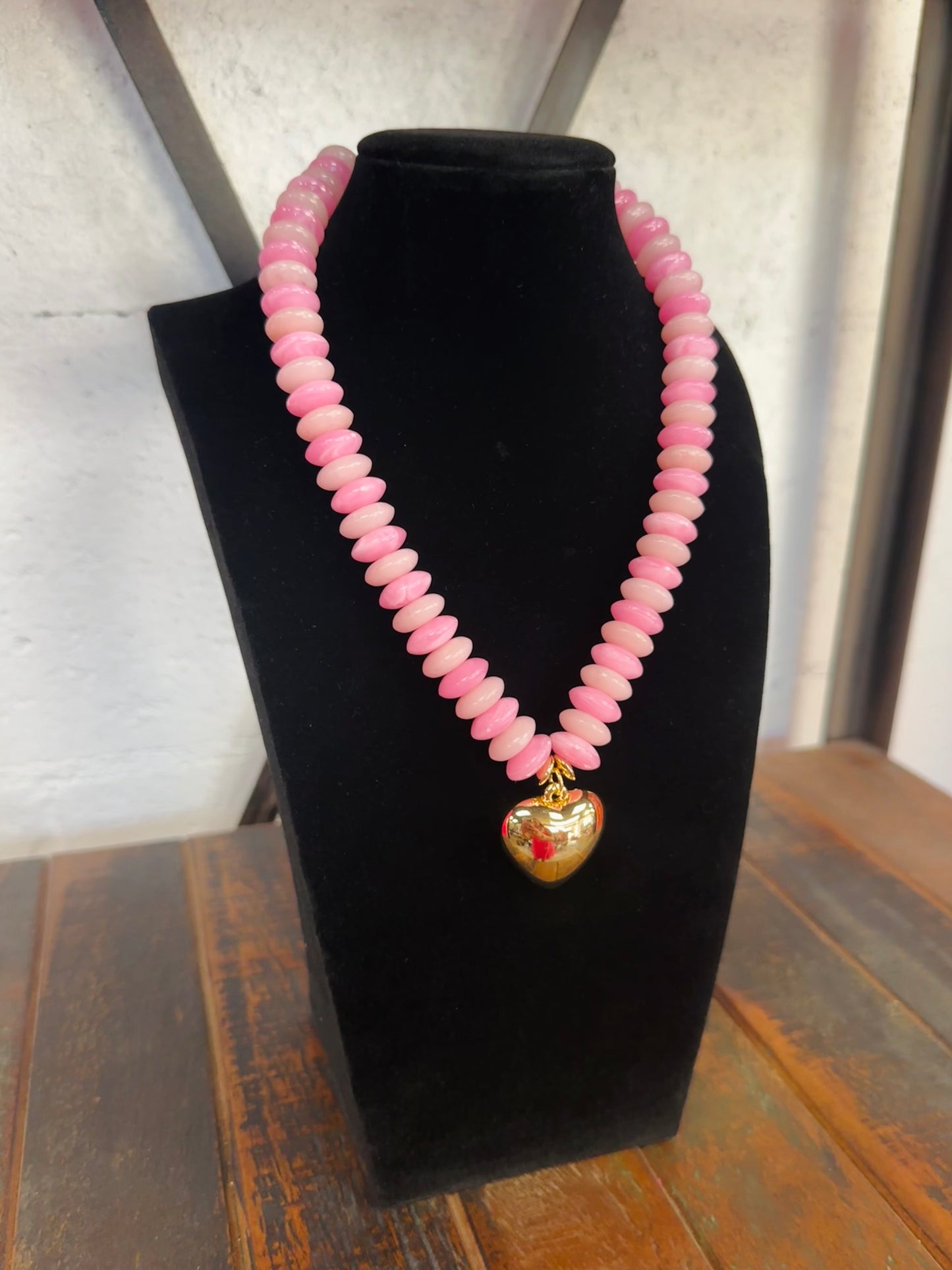 Pink + Gold Wide Bead Puffy Heart Necklace