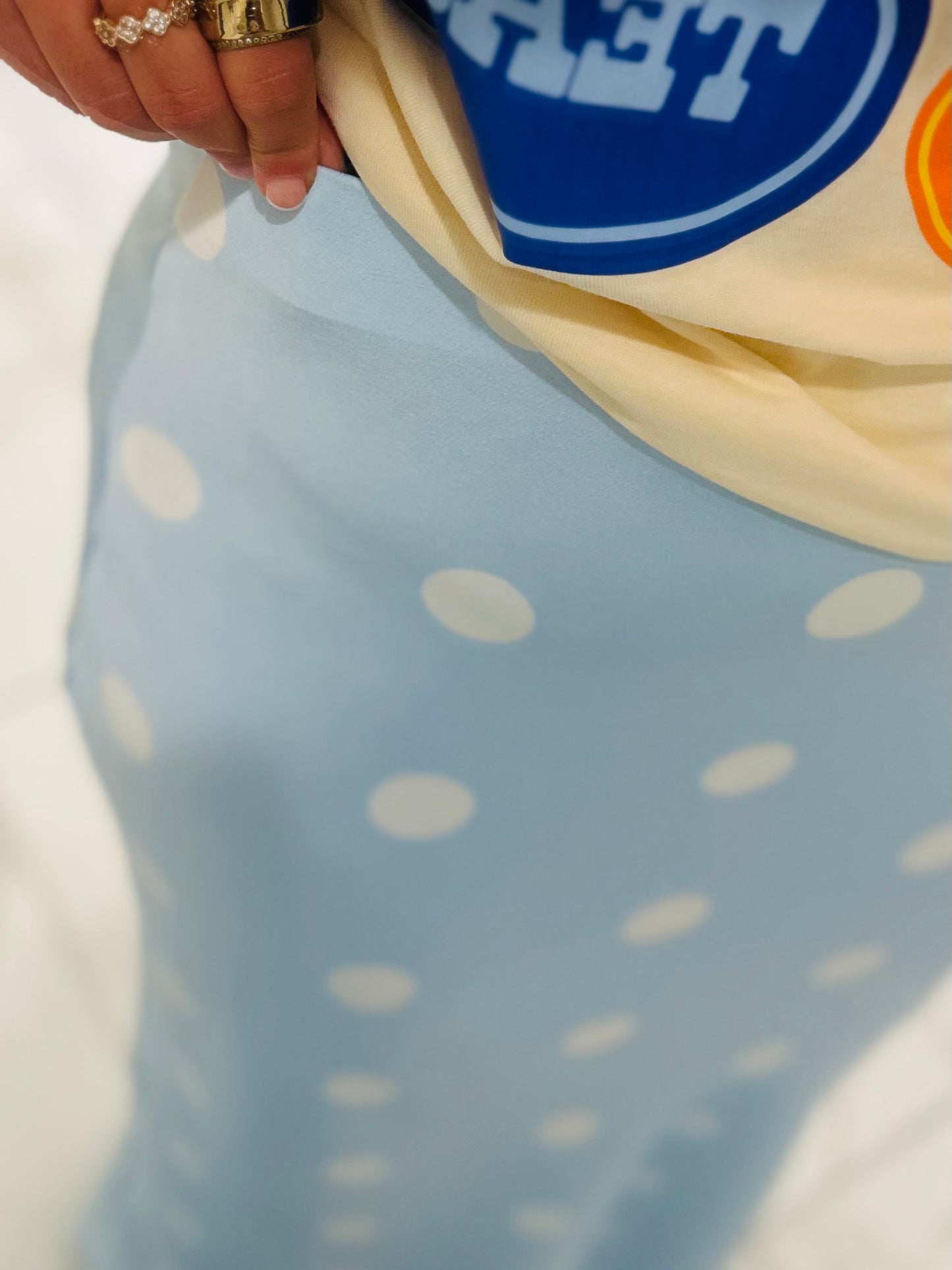 The Lt. Blue Polka Dot Satin Maxi Skirt