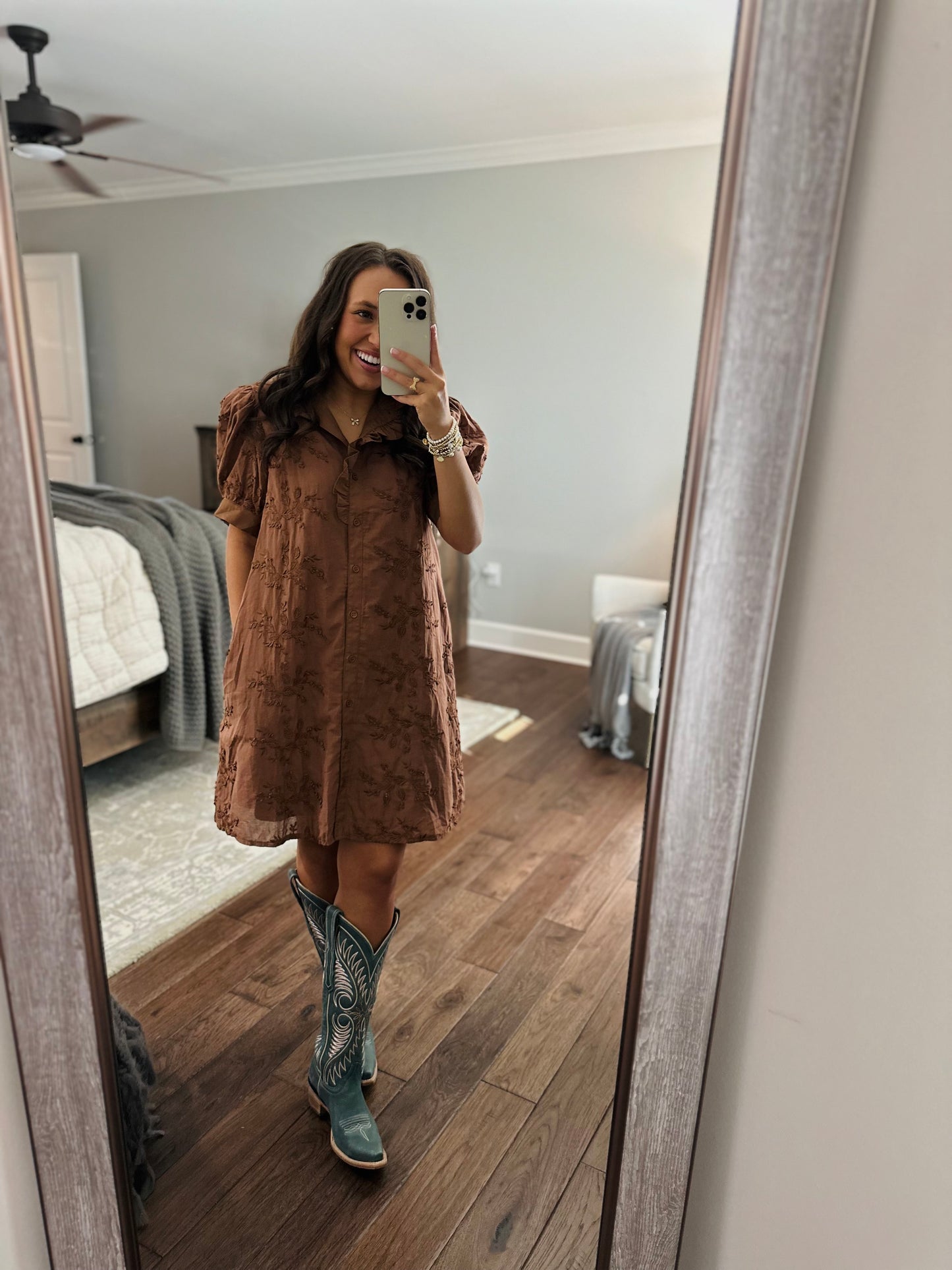 The Taylor Mocha Brown Floral Appliqué Dress