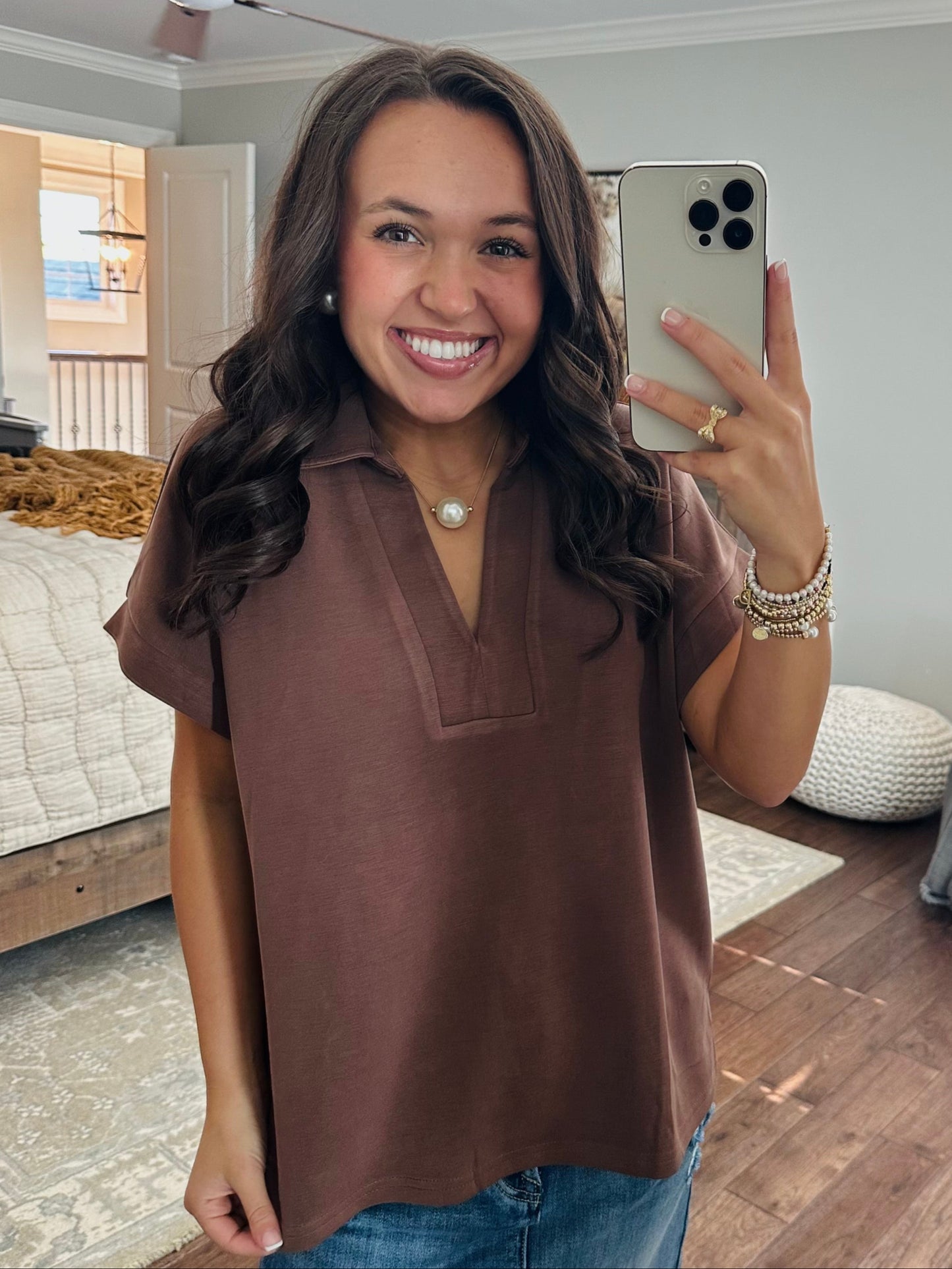 The Tatum Coffee V-Neck Top