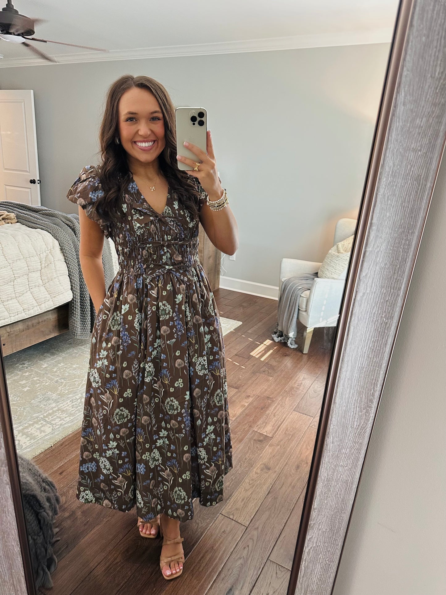 The Stella Brown Floral Bow Front Midi Dress