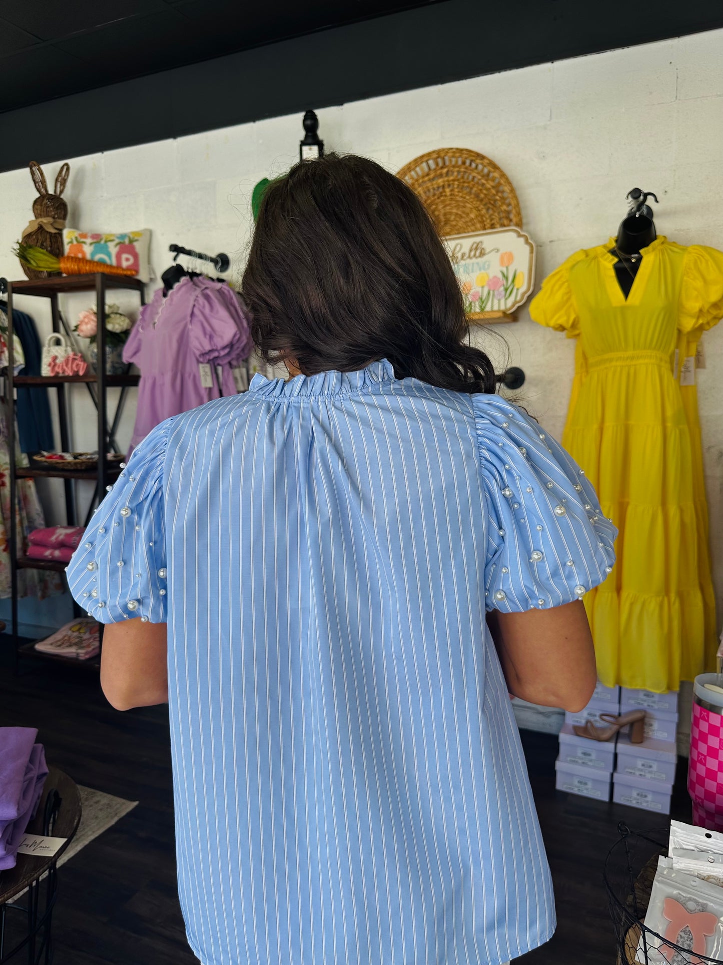 The Brynn Blue Pearl Puff Sleeve Top