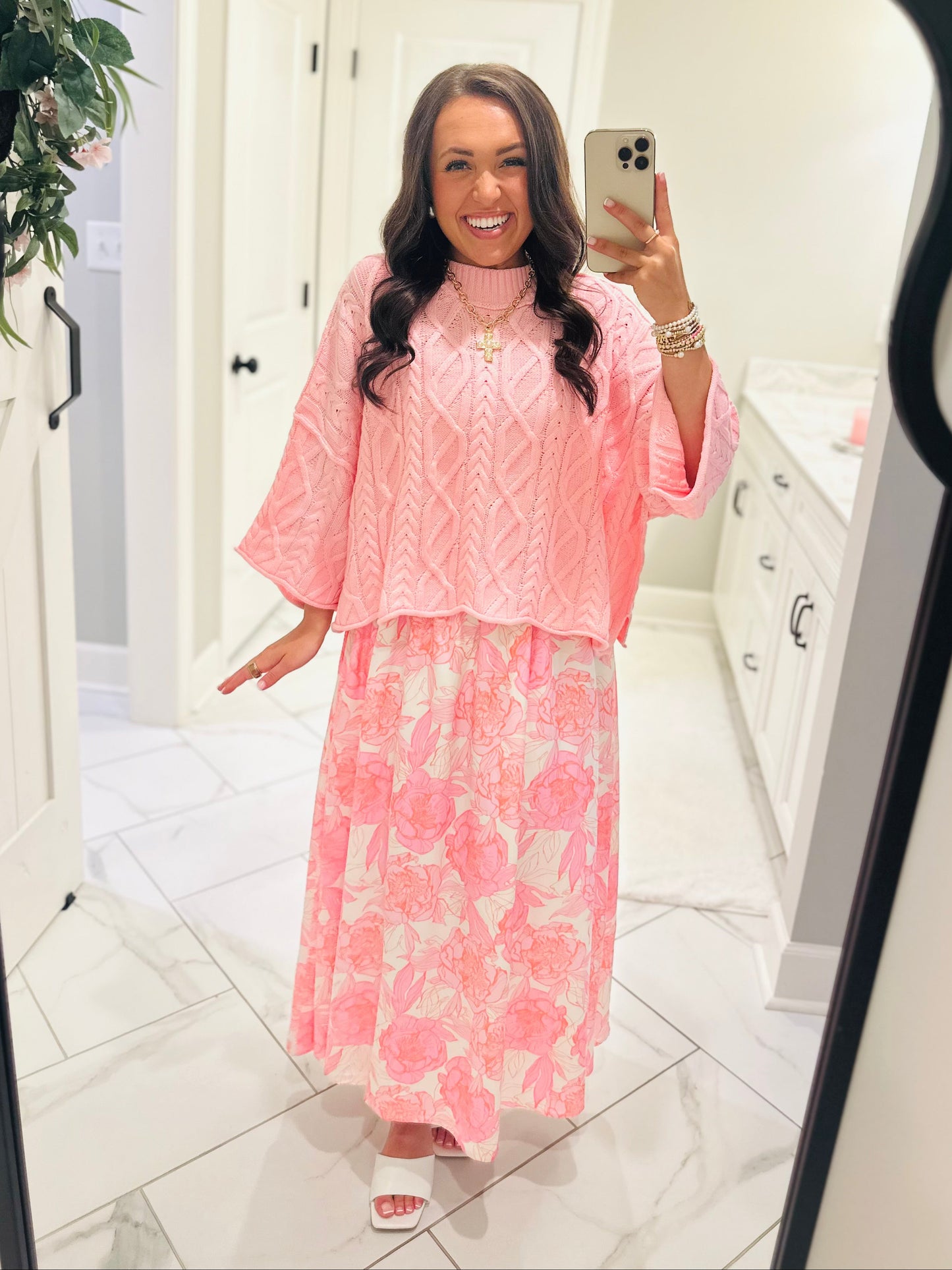 The Eliza Pink Chunky Ribbed Knit Cable Sweater