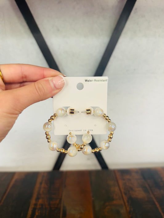 White + Gold Bead Ball Hoop Earring