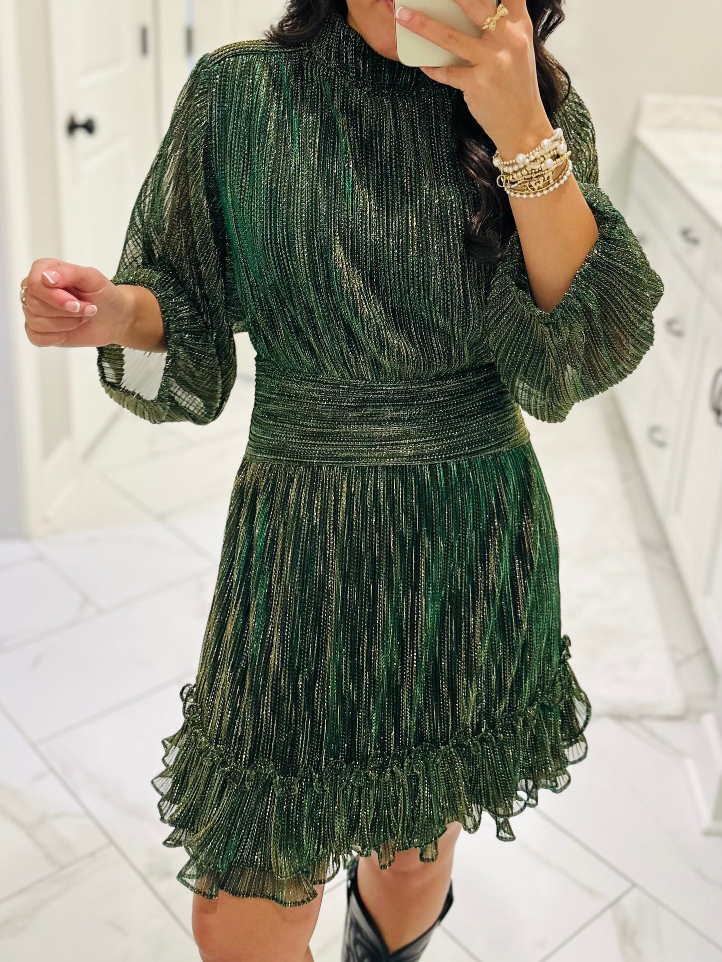 The Dasher Emerald Green Shiny Ruffle Dress