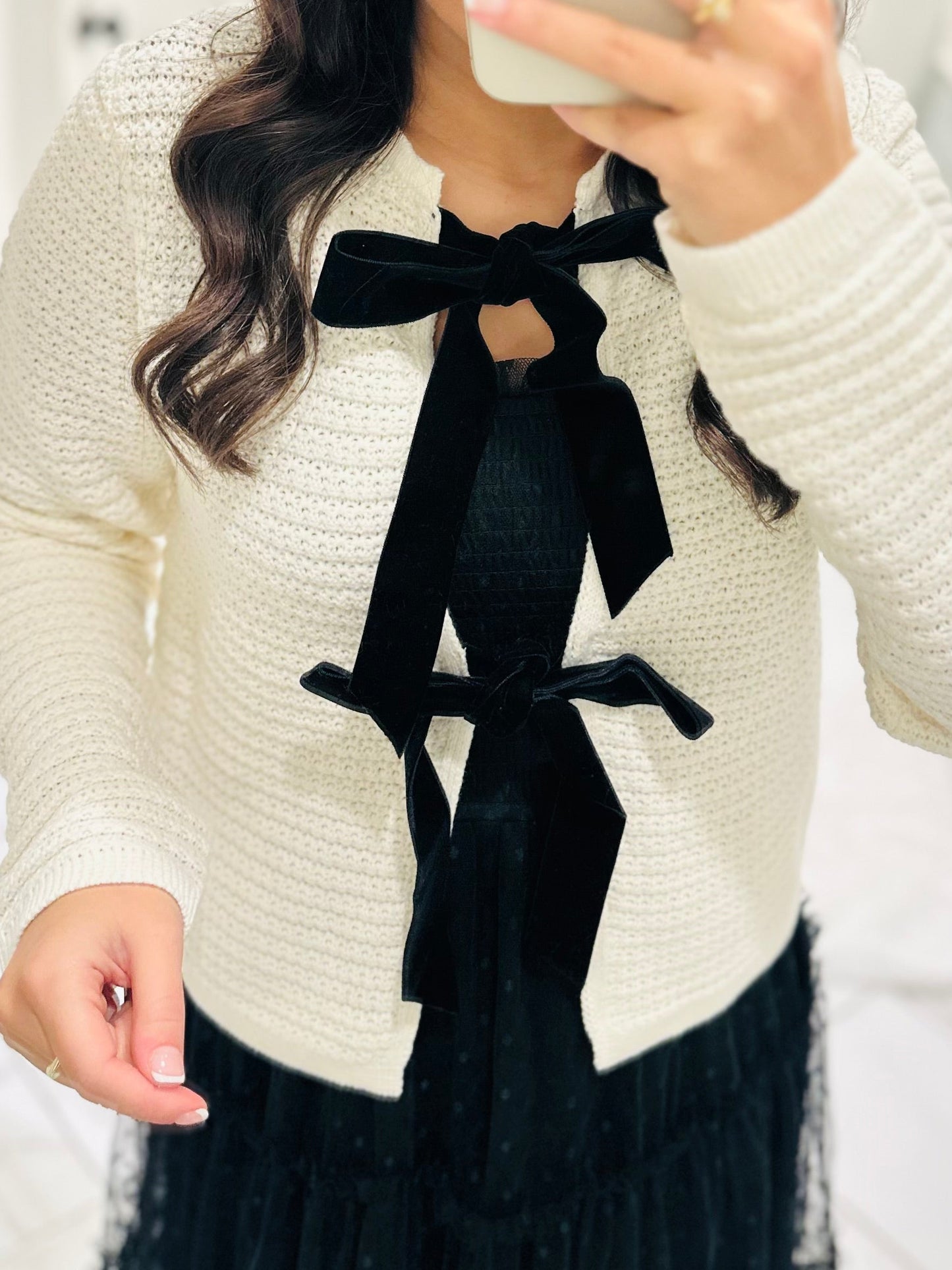 The Sofia Cream + Black Velvet Bow Cardigan