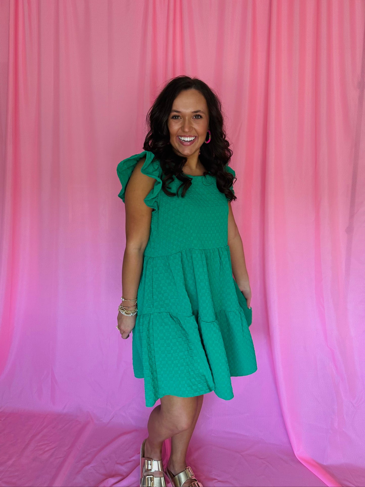 The Kodi Kelly Green Textured Tiered Swing Dress