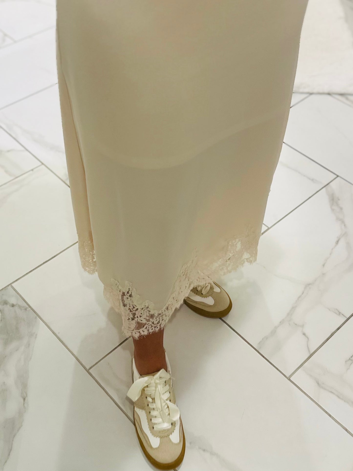 The Dallas Ecru Satin Lace Midi Skirt