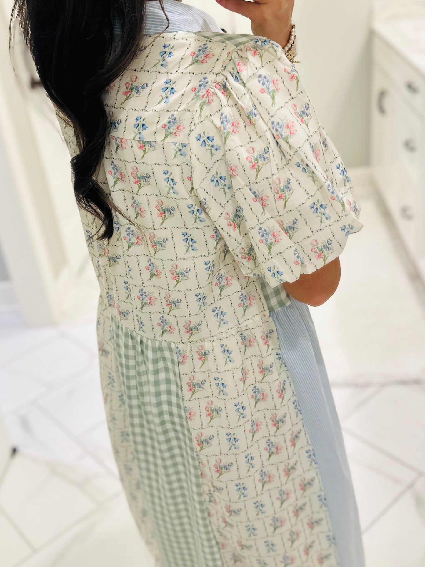 The Mae Blue + Mint Patchwork Midi Dress