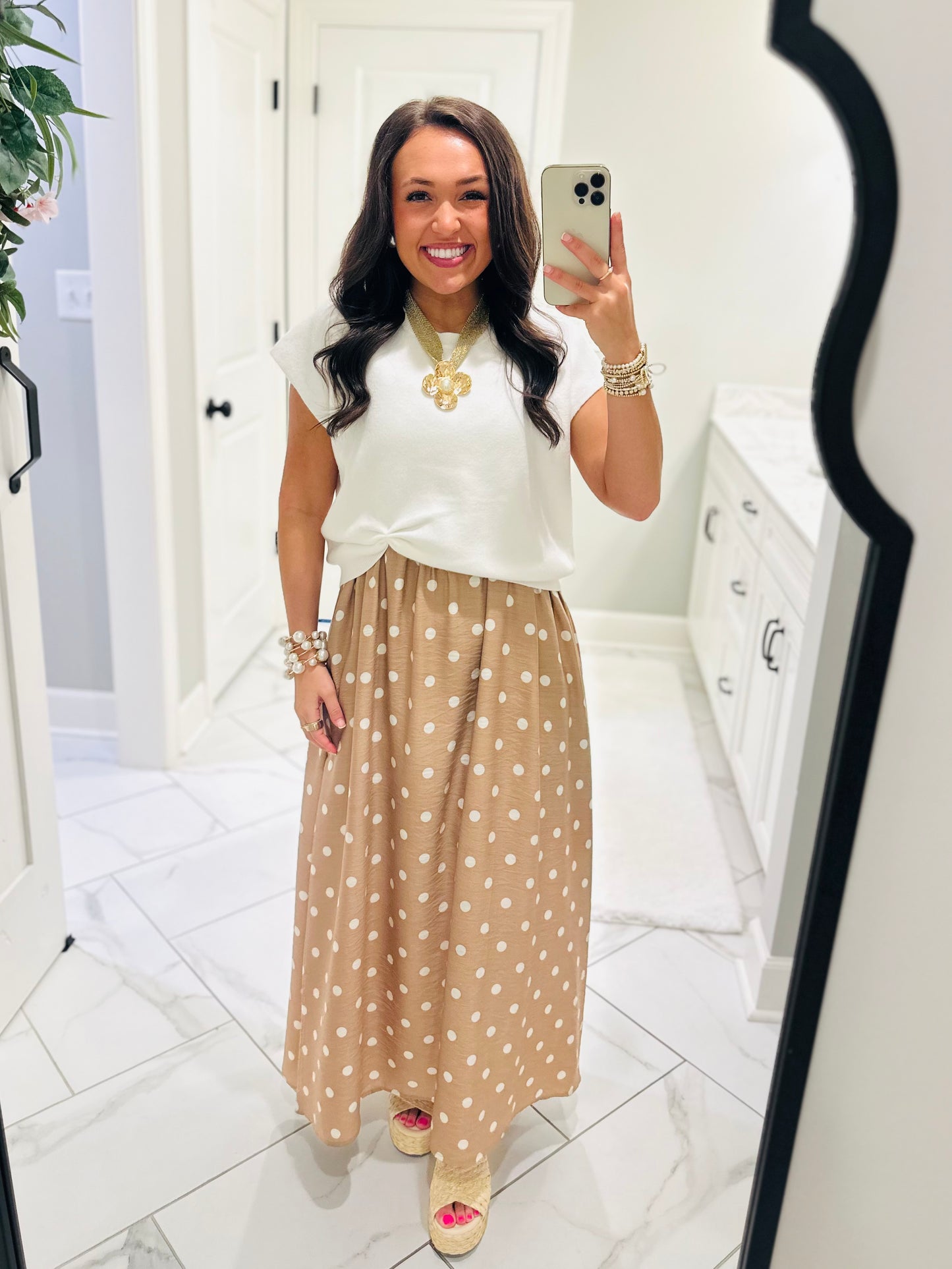 The Lennon Cream Tan Layered Polka Dot Midi Dress