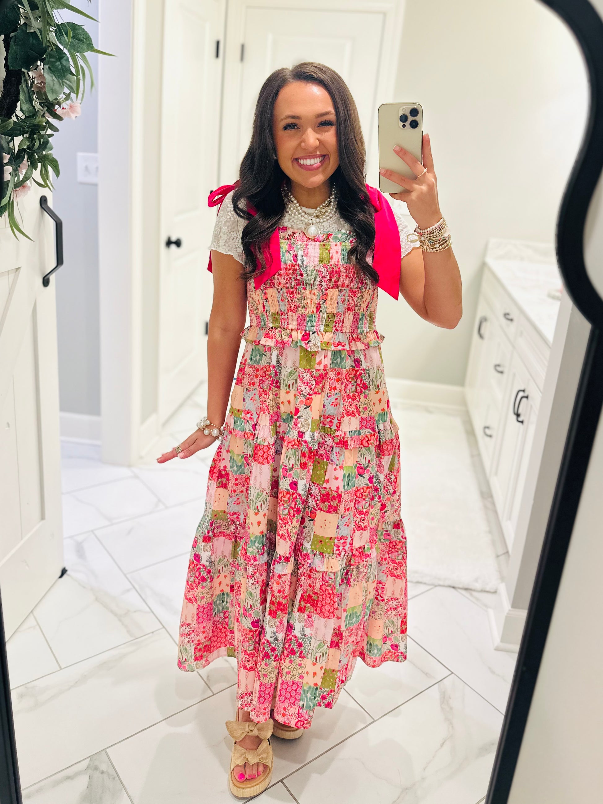 The Lillie Pink Multicolor Patchwork Midi Dress Small