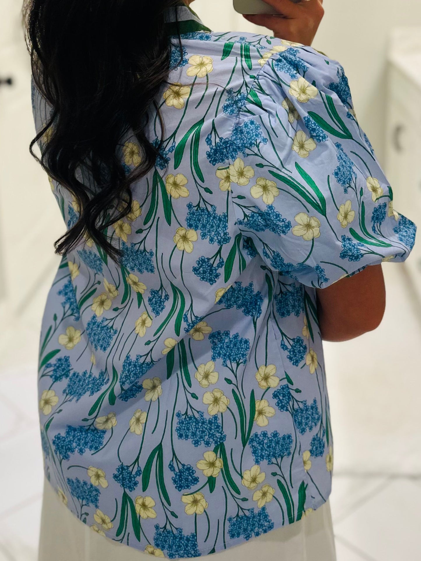 The Poppy Blue Floral Scallop Trim Top
