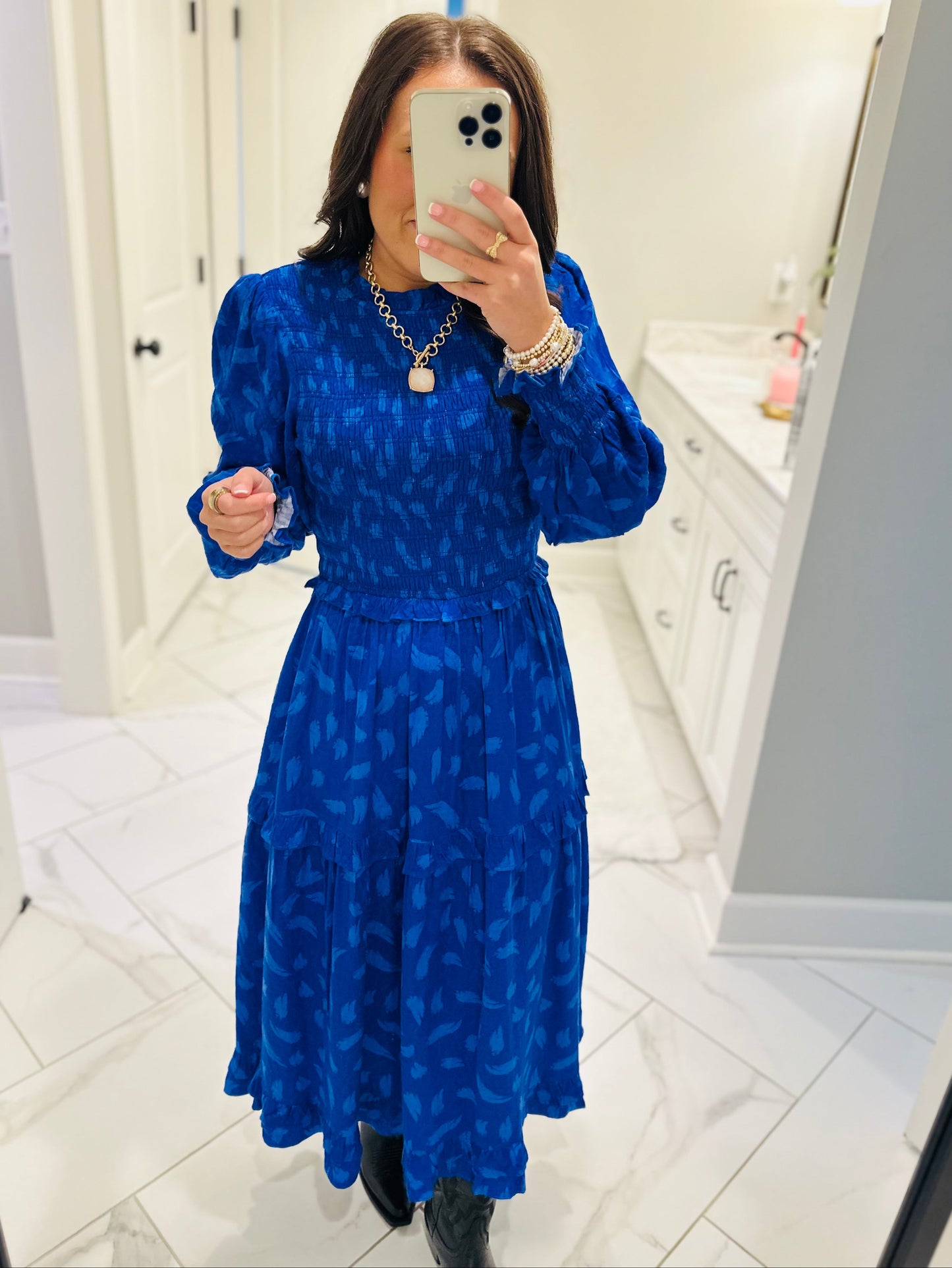 The Darya Cobalt Blue Smocked Midi Dress