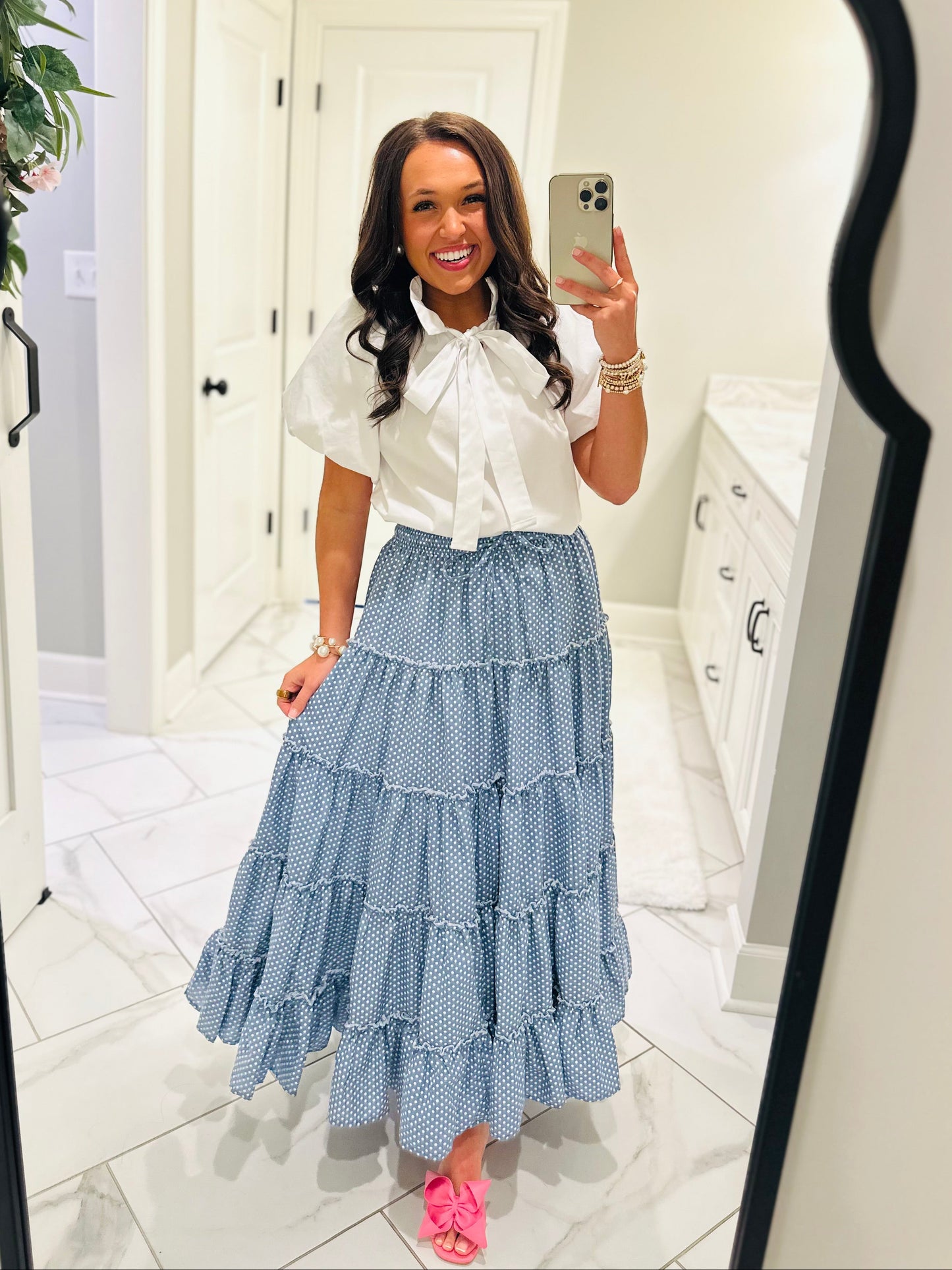 The Shelby Denim Polka Dot Maxi Skirt