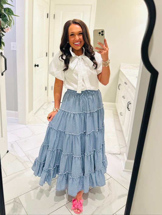 The Shelby Denim Polka Dot Maxi Skirt