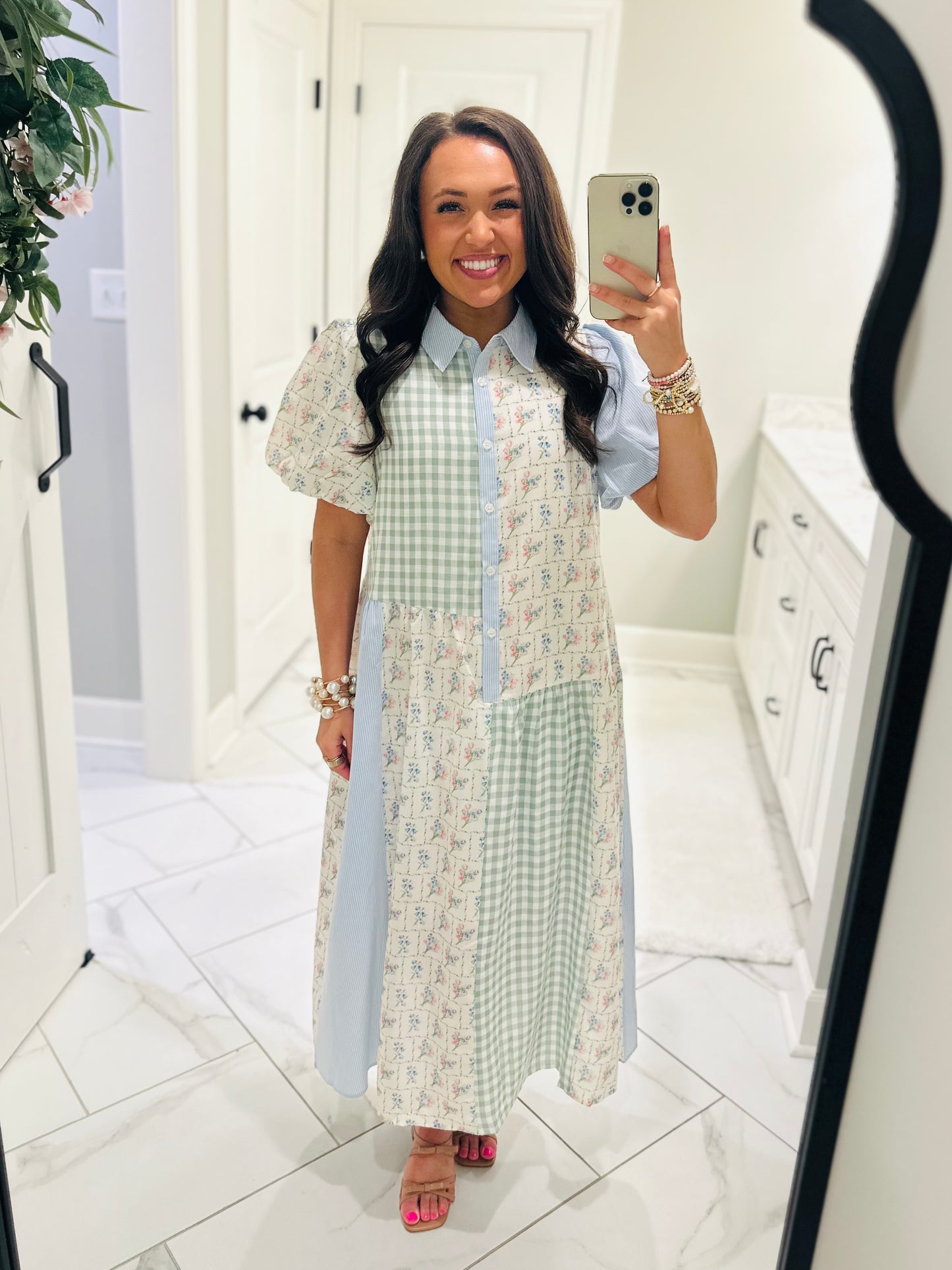 The Mae Blue + Mint Patchwork Midi Dress