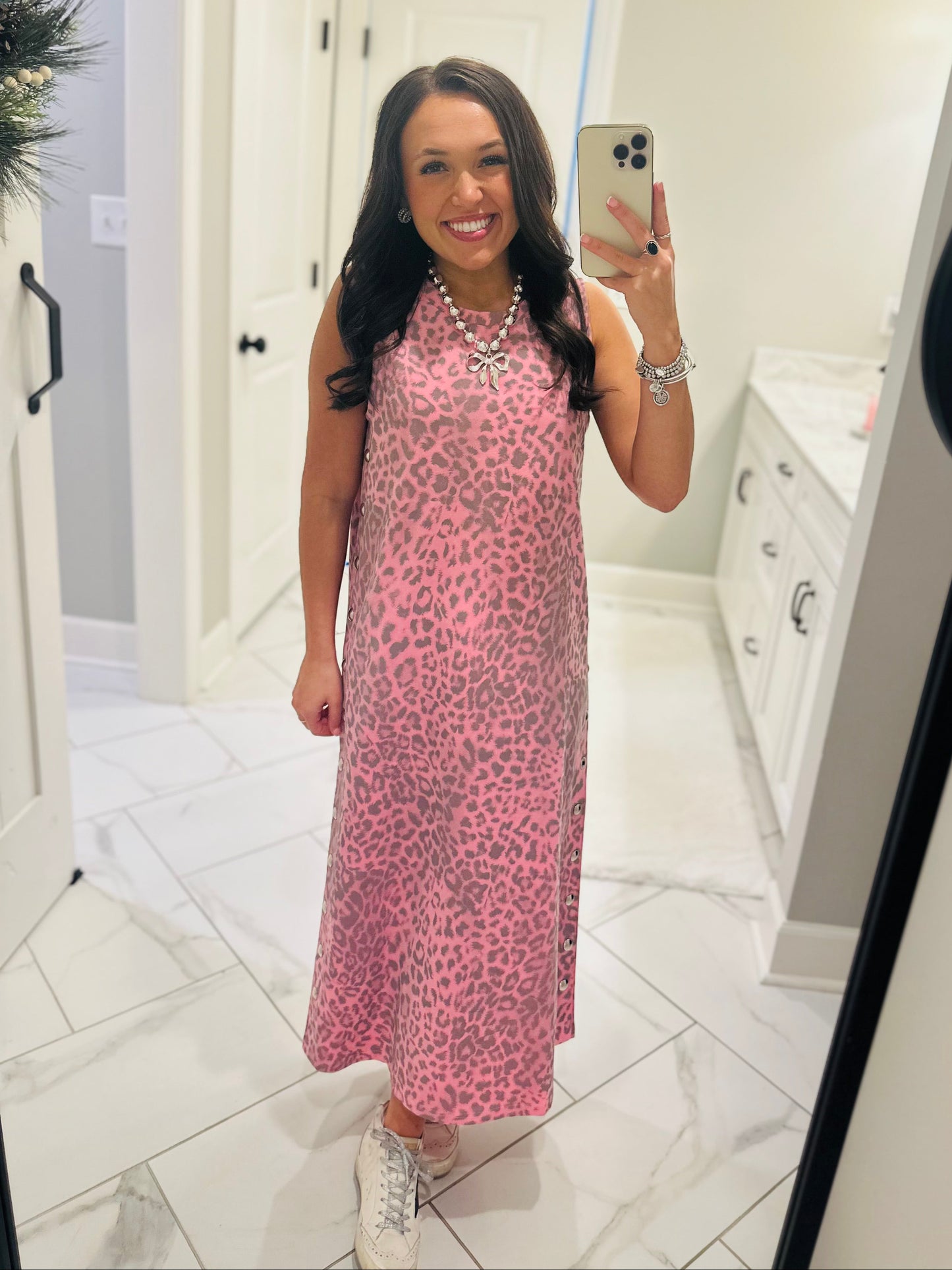 The Brooke Pink Leopard Midi Dress
