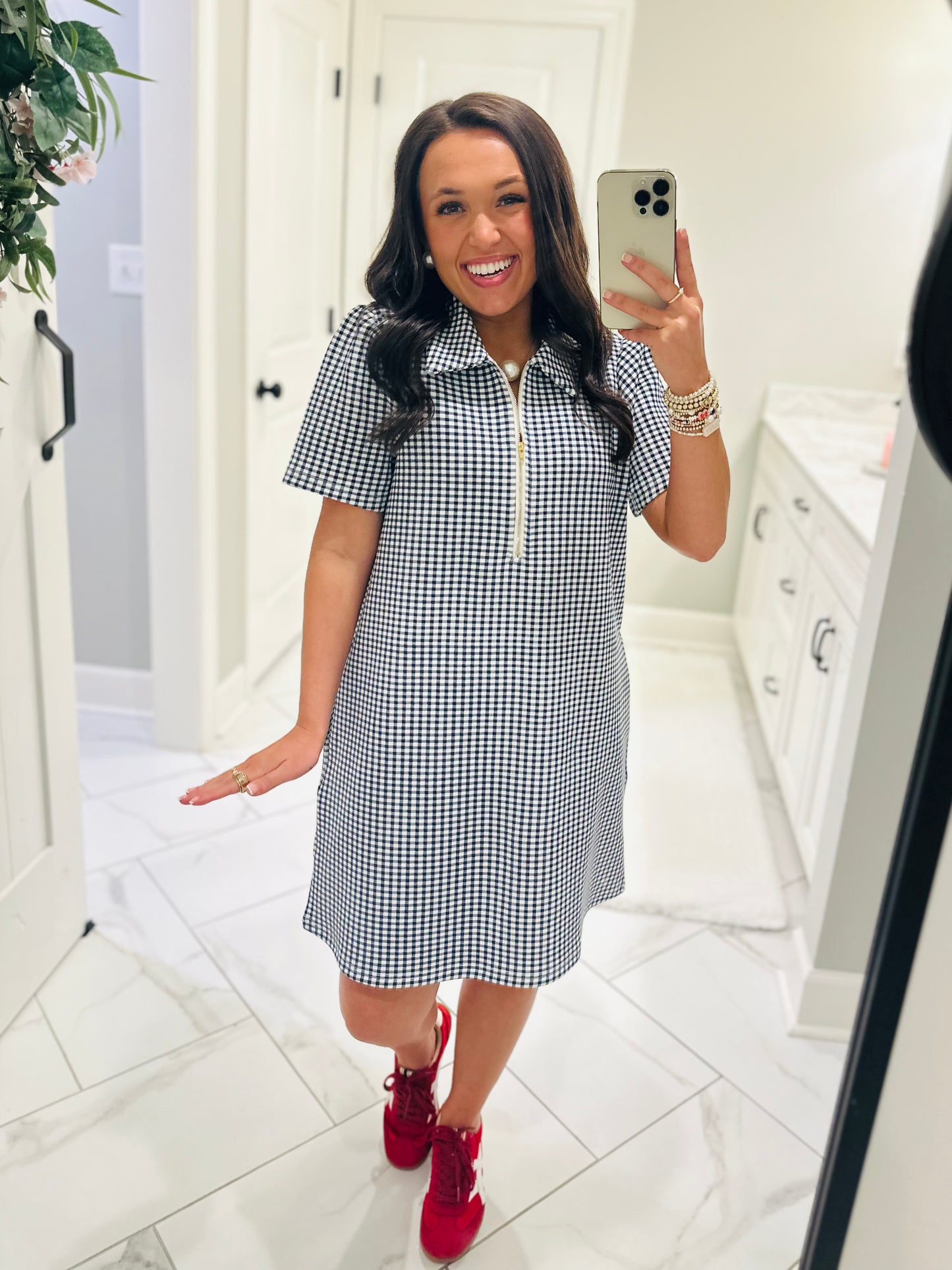 The Lee Navy Gingham Quarter Zip Dress