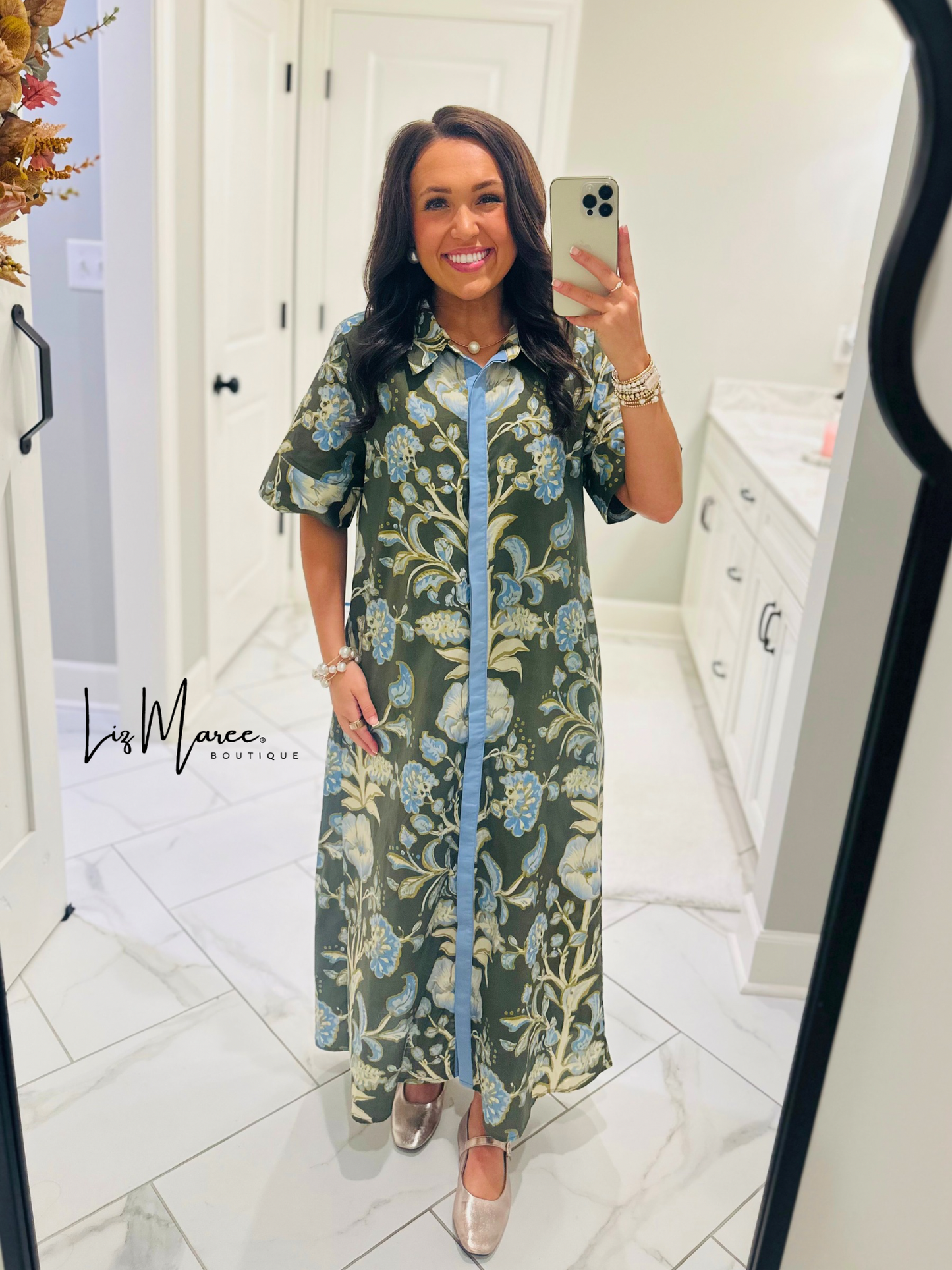 The Evie Olive Green + Blue Floral Midi Dress