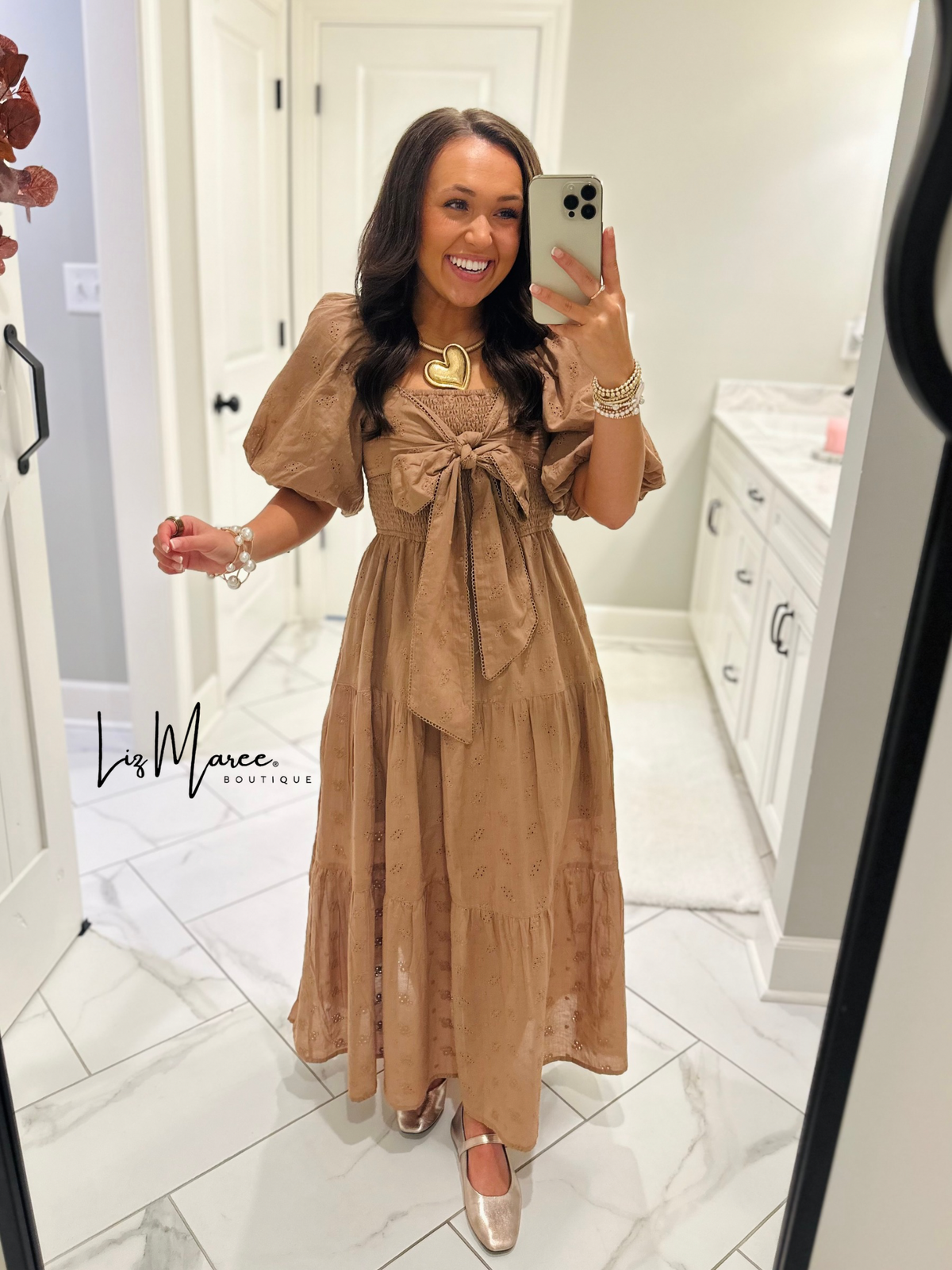 The Isabelle Light Brown Eyelet Bow Midi Dress