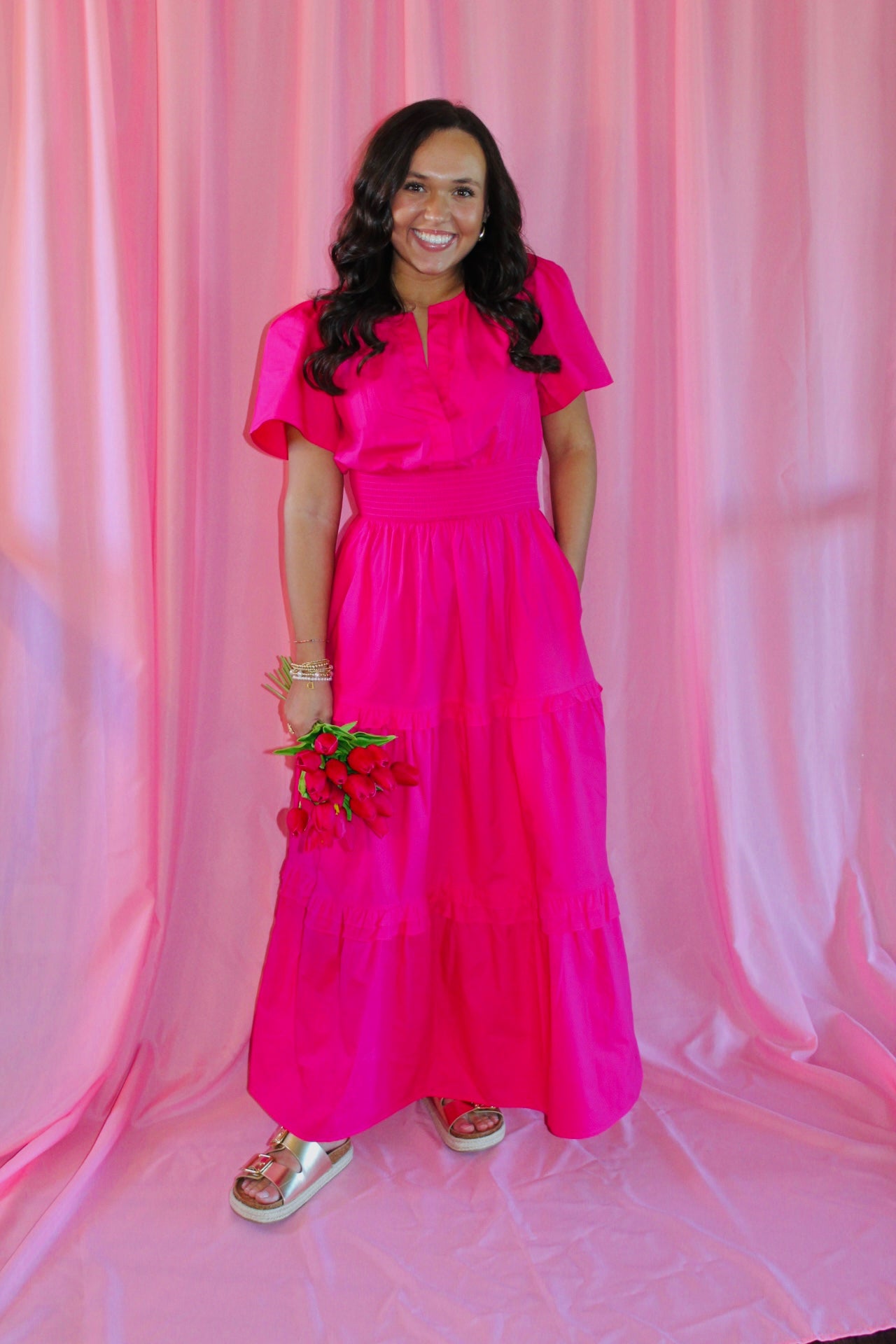 The Rose Hot Pink Palmer Poplin Tiered Maxi Dress