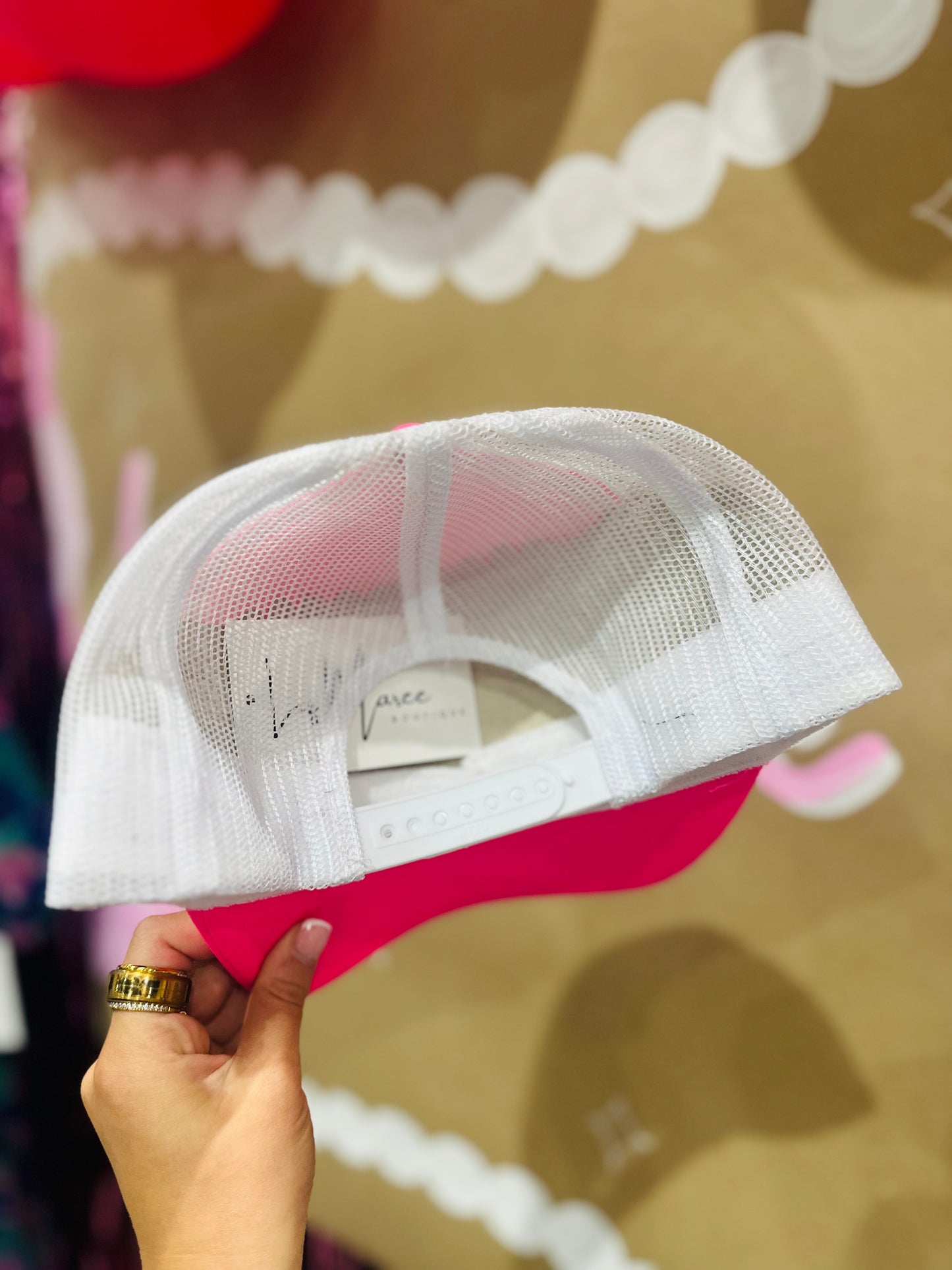 Neon Pink Feather + Pearl Trucker Hat