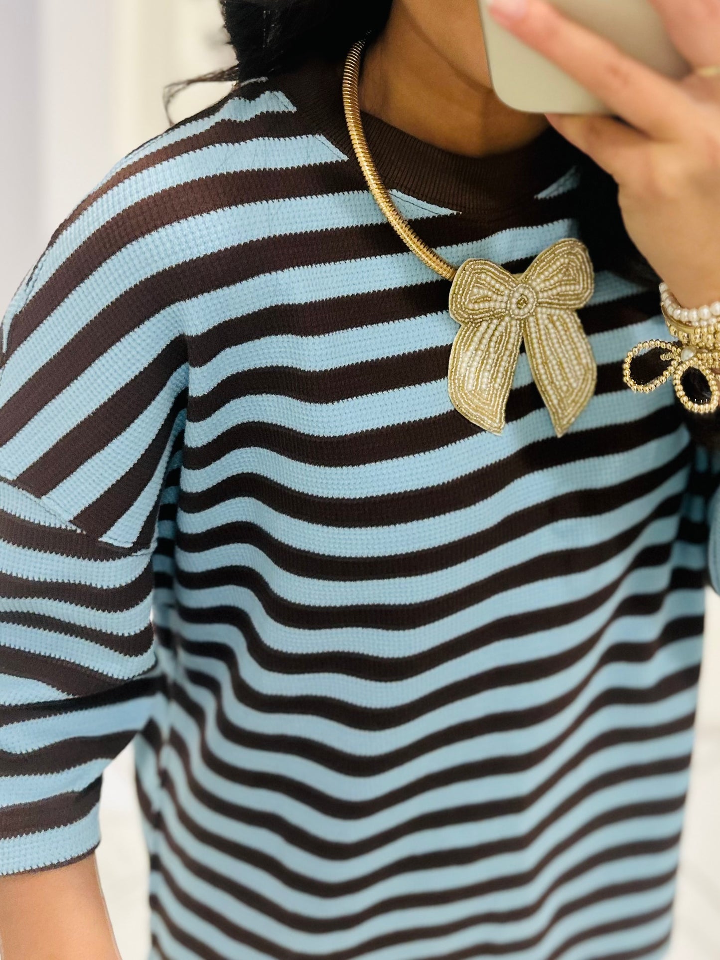 The Everly Blue + Brown Striped Knit Top