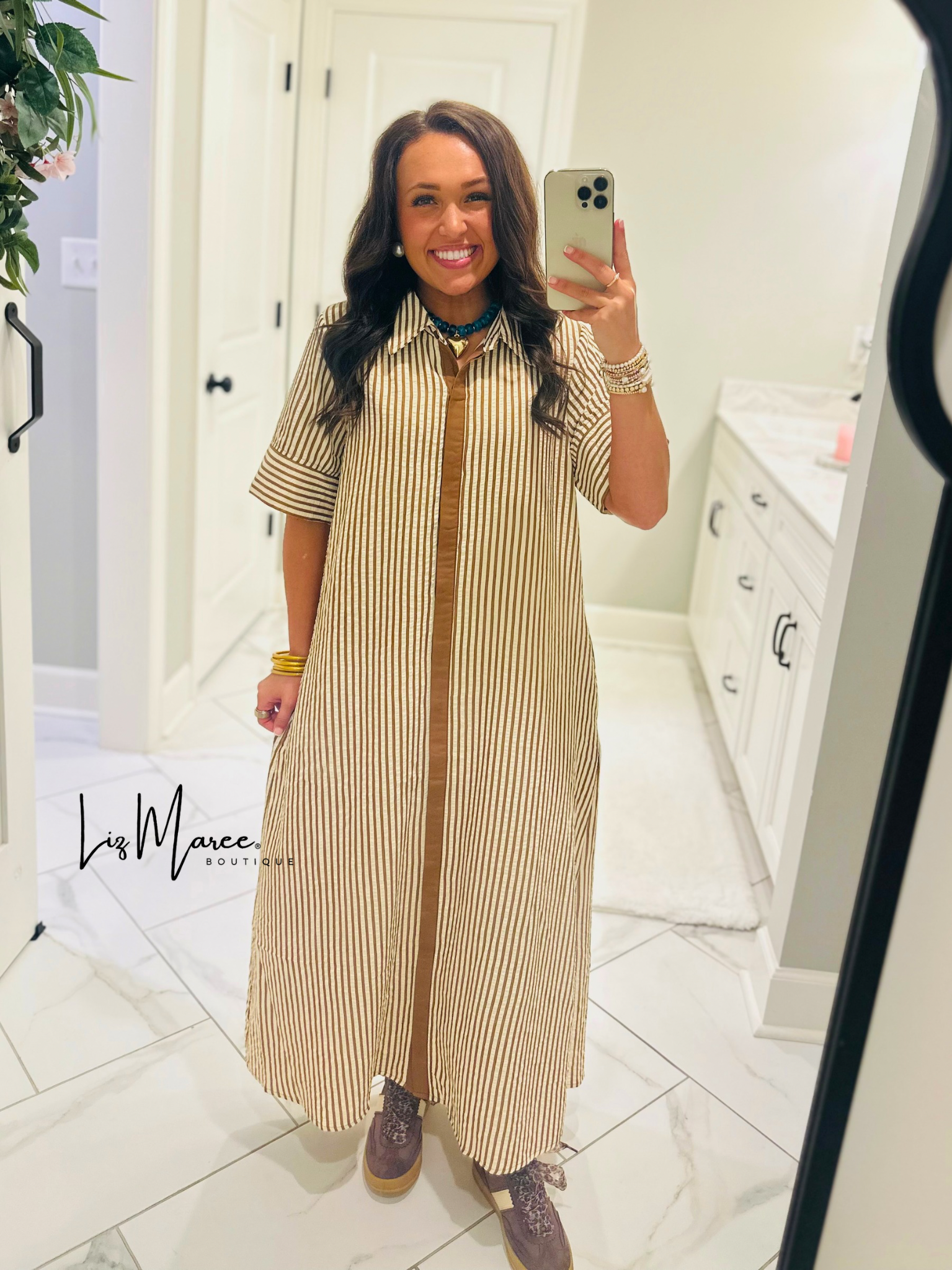 The Nora Caramel Brown Striped Midi Dress Medium