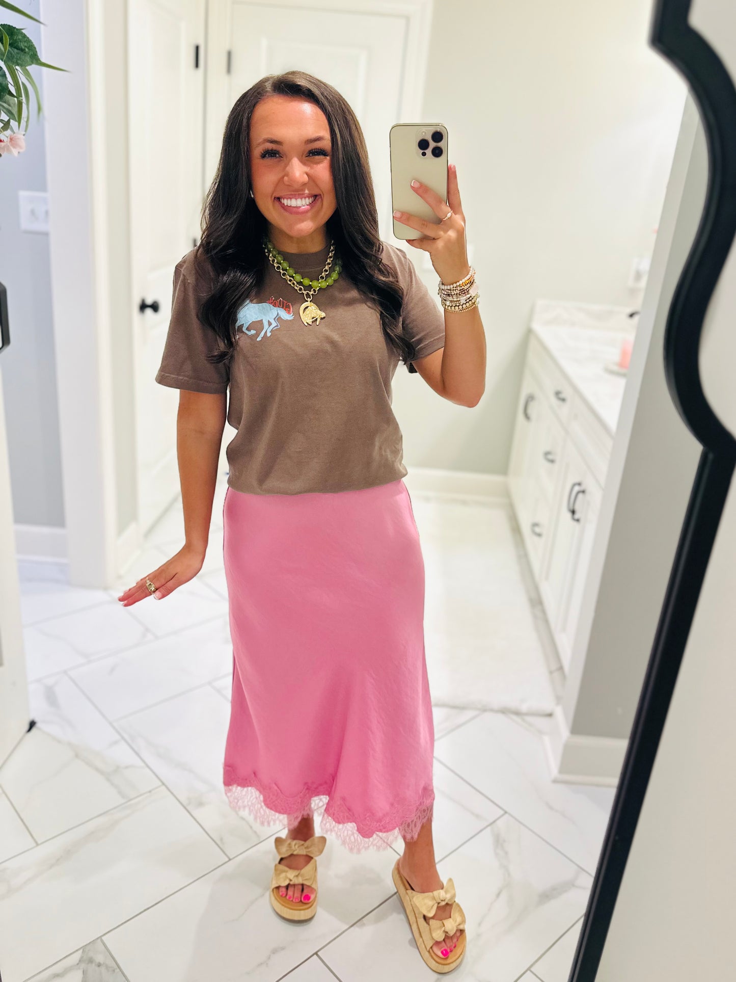 The Laney Pink Satin Lace Midi Skirt